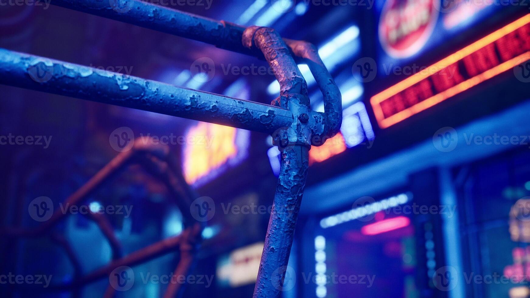 A close up of a metal fence with neon lights in the background photo