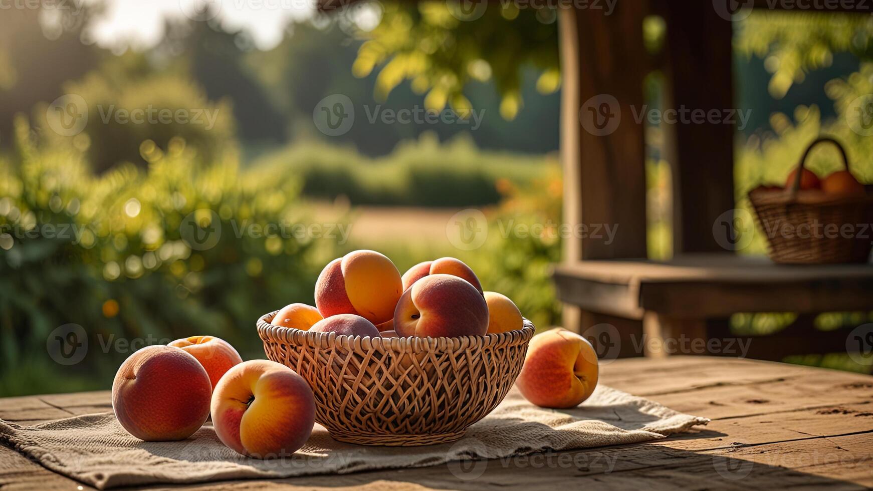 Ripe fragrant peaches in a wicker bowl with tablecloth on a wooden surface on rustic countryside blurred background. Banner with copy space. Farm natural products, produce concept. Nature landscape photo