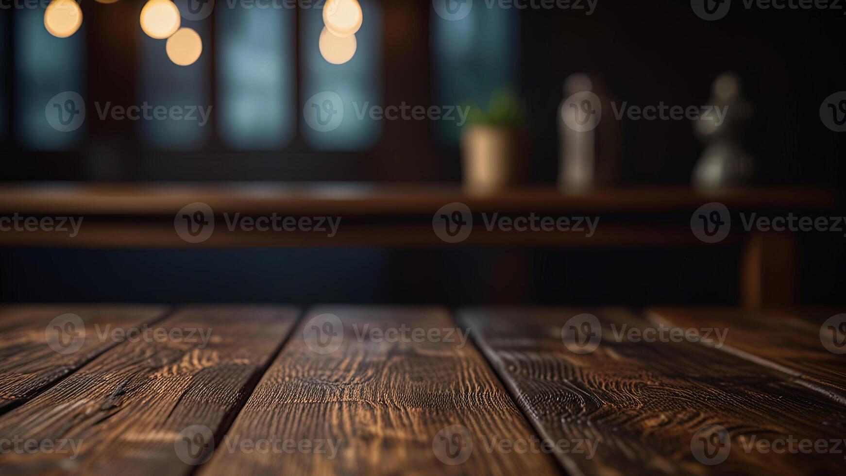 Empty dark wooden table top on blurred bar or restaurant background with warm lighting. Banner with copy space. Template showcase scene for display, montage, advertising product. photo
