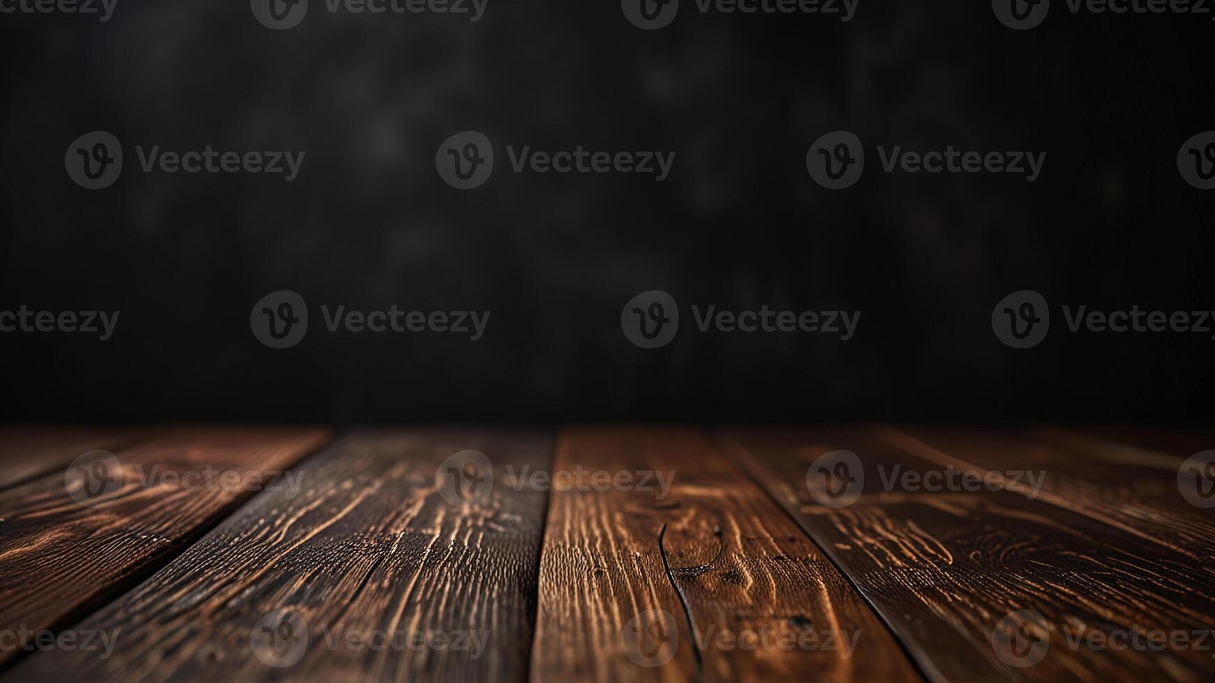 Empty dark wooden table top or surface on blurred black background. Banner with copy space. Template showcase scene for display, montage, advertising product. photo