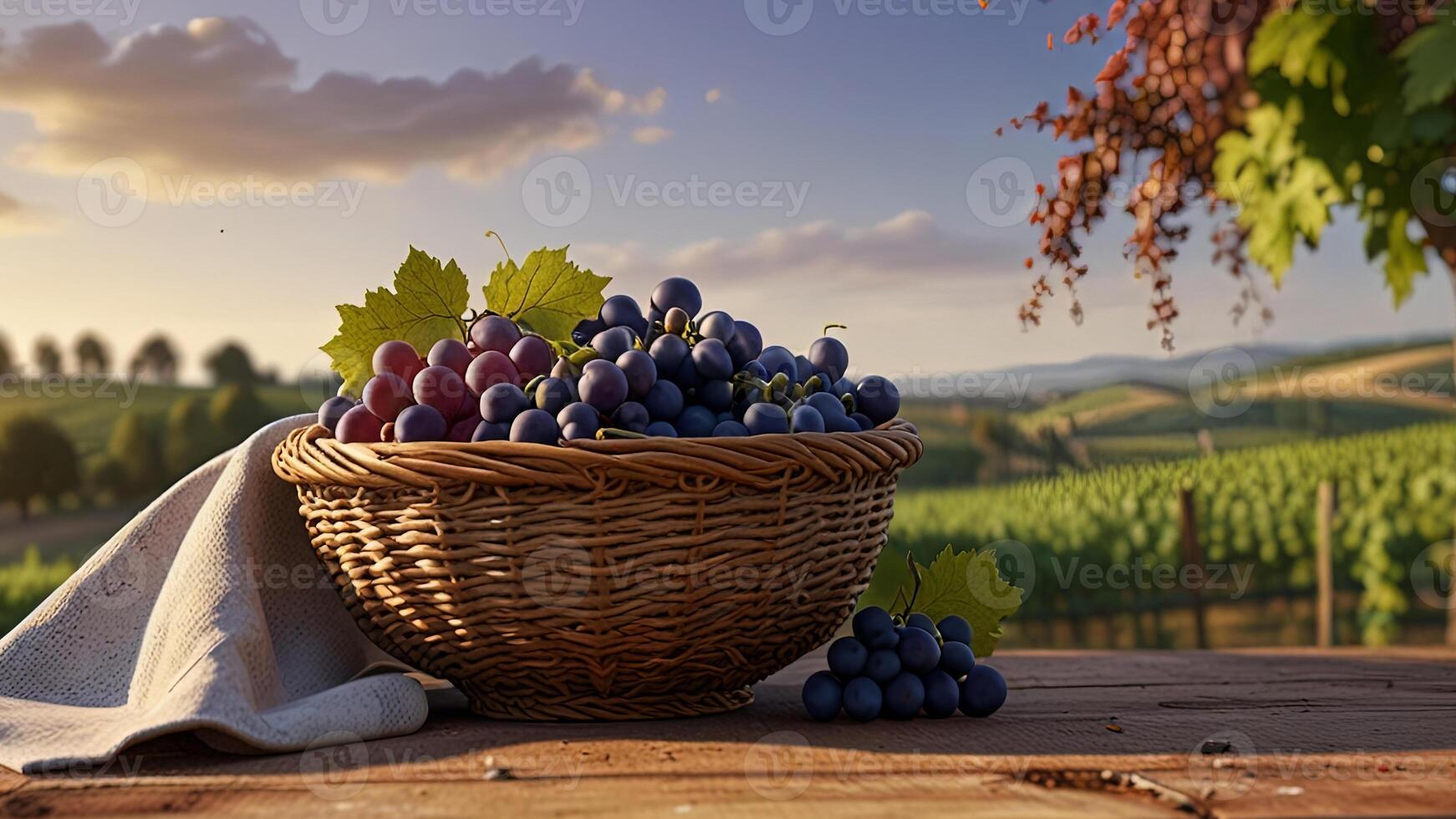 Ripe red grape in a wicker bowl on a wooden surface on rural countryside blurred background. Banner with copy space. Farm natural products, winemaking concept. Landscape with a vineyard photo