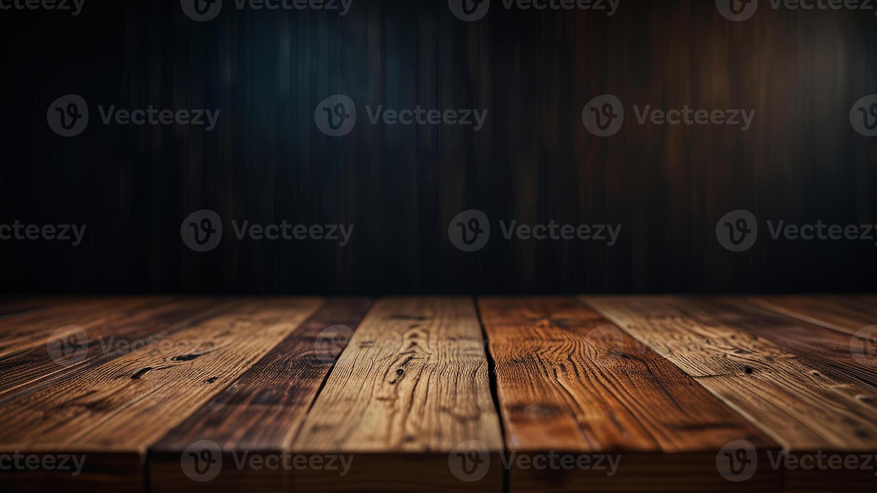 Empty dark wooden table top or surface on blurred black background. Banner with copy space. Template showcase scene for display, montage, advertising product. photo
