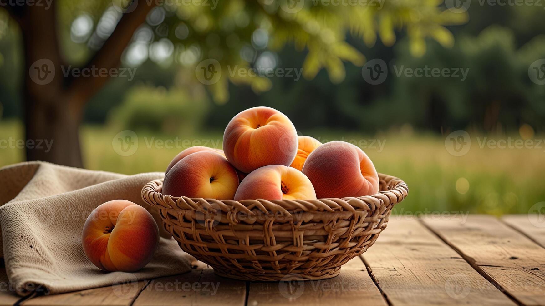 Ripe fragrant peaches in a wicker bowl with tablecloth on a wooden surface on rustic countryside blurred background. Banner with copy space. Farm natural products, eco food concept. Nature landscape photo