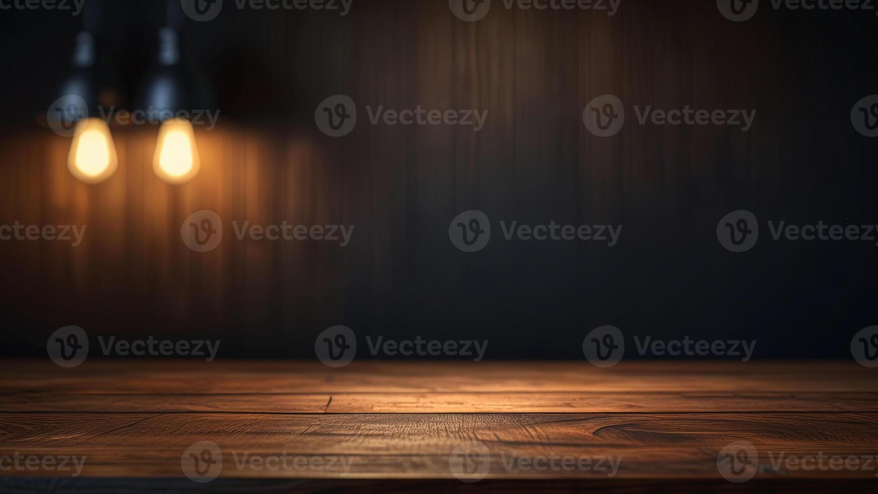 Empty dark wooden table top on blurred background with warm lighting. Banner with copy space. Template showcase scene for display, montage, advertising product. photo