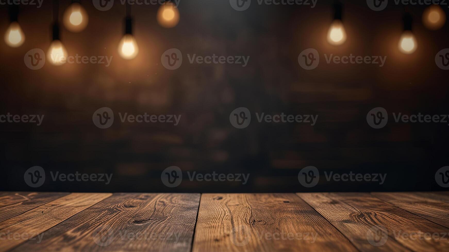 Empty dark wooden table top on blurred background with warm lighting. Banner with copy space. Template showcase scene for display, montage, advertising product. photo