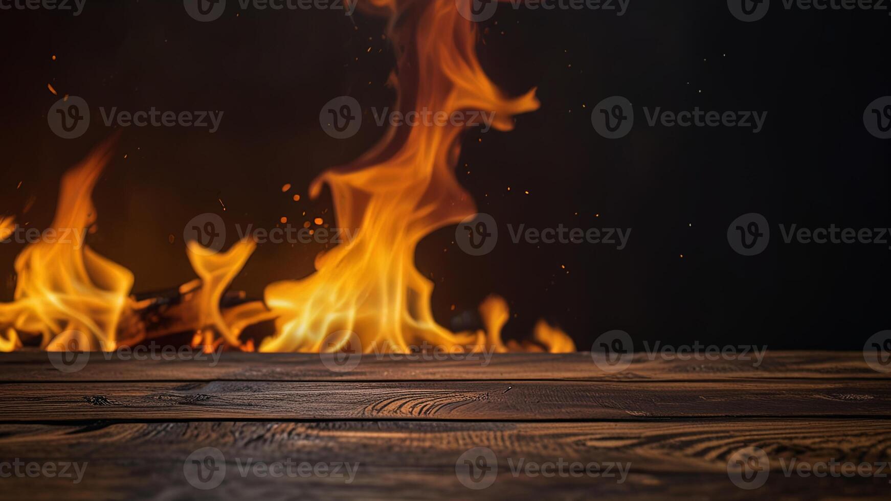 Empty dark textured wooden surface on blurred background with burning fire and sparks. Banner with copy space. Template showcase scene for display, montage, advertising product. photo