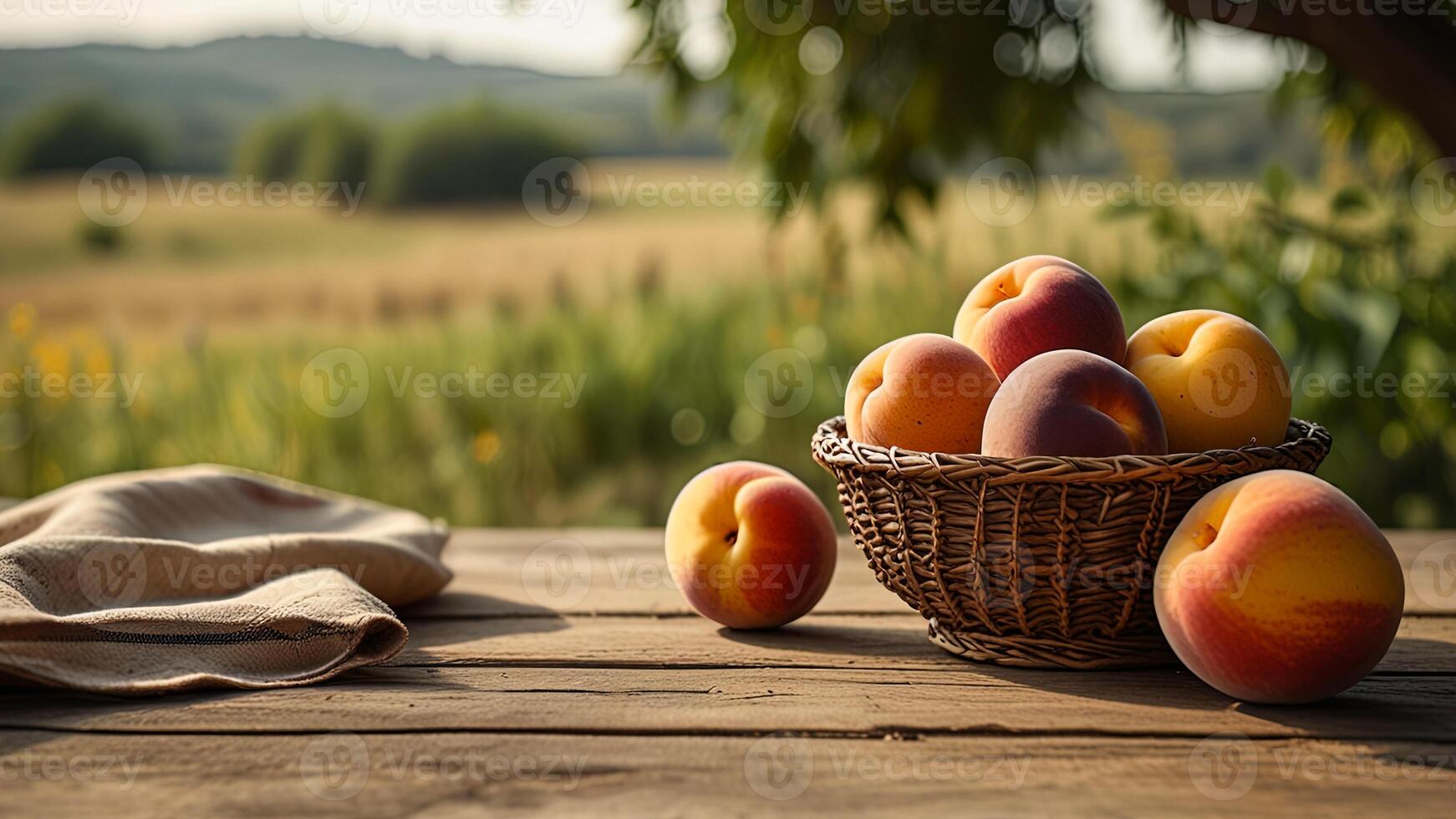 Ripe fragrant peaches in a wicker bowl with tablecloth on a wooden surface on rustic countryside blurred background. Banner with copy space. Farm natural products concept. Nature landscape photo