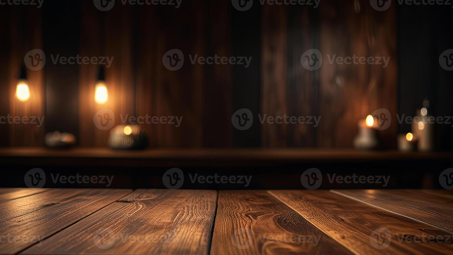 Empty dark wooden table top on blurred background with warm lighting. Banner with copy space. Template showcase scene for display, montage, advertising product. photo