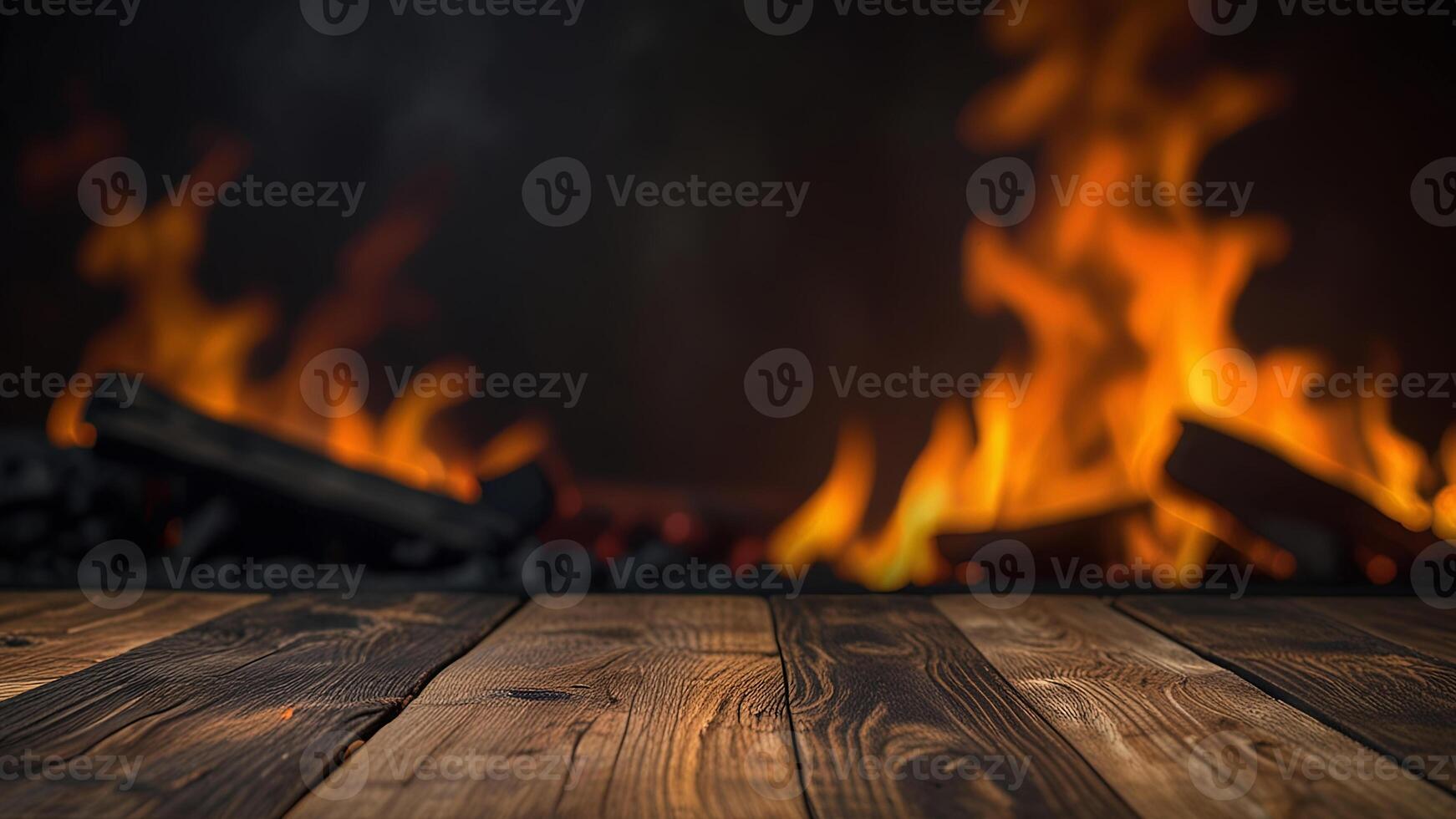 Empty dark textured wooden surface on blurred background with burning fireplace, smoke. Banner with copy space. Template showcase scene for display, montage, advertising product. photo