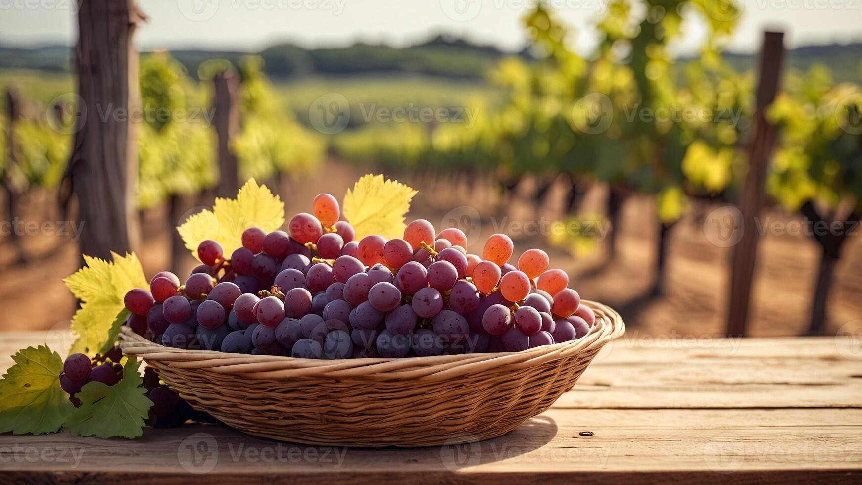 Ripe red grape in a wicker bowl on a wicker basket on rural countryside blurred background. Banner with copy space. Farm natural products, winemaking concept. Landscape with a vineyard photo