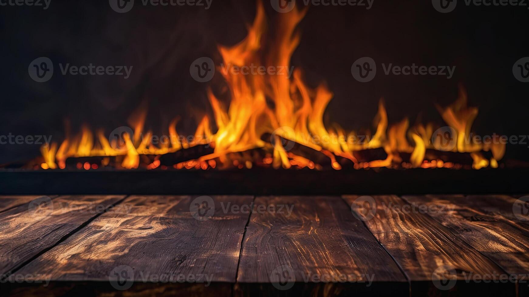 Empty dark textured wooden surface on blurred background with burning fireplace and smoke. Banner with copy space. Template showcase scene for display, montage, advertising product. photo
