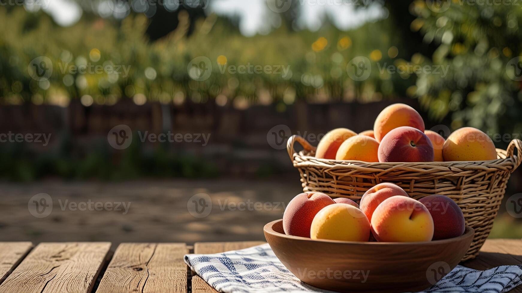 Ripe fragrant peaches in a wicker bowl and plate with tablecloth on a wooden surface on rustic countryside blurred background. Banner with copy space. Farm natural products concept. Nature landscape photo