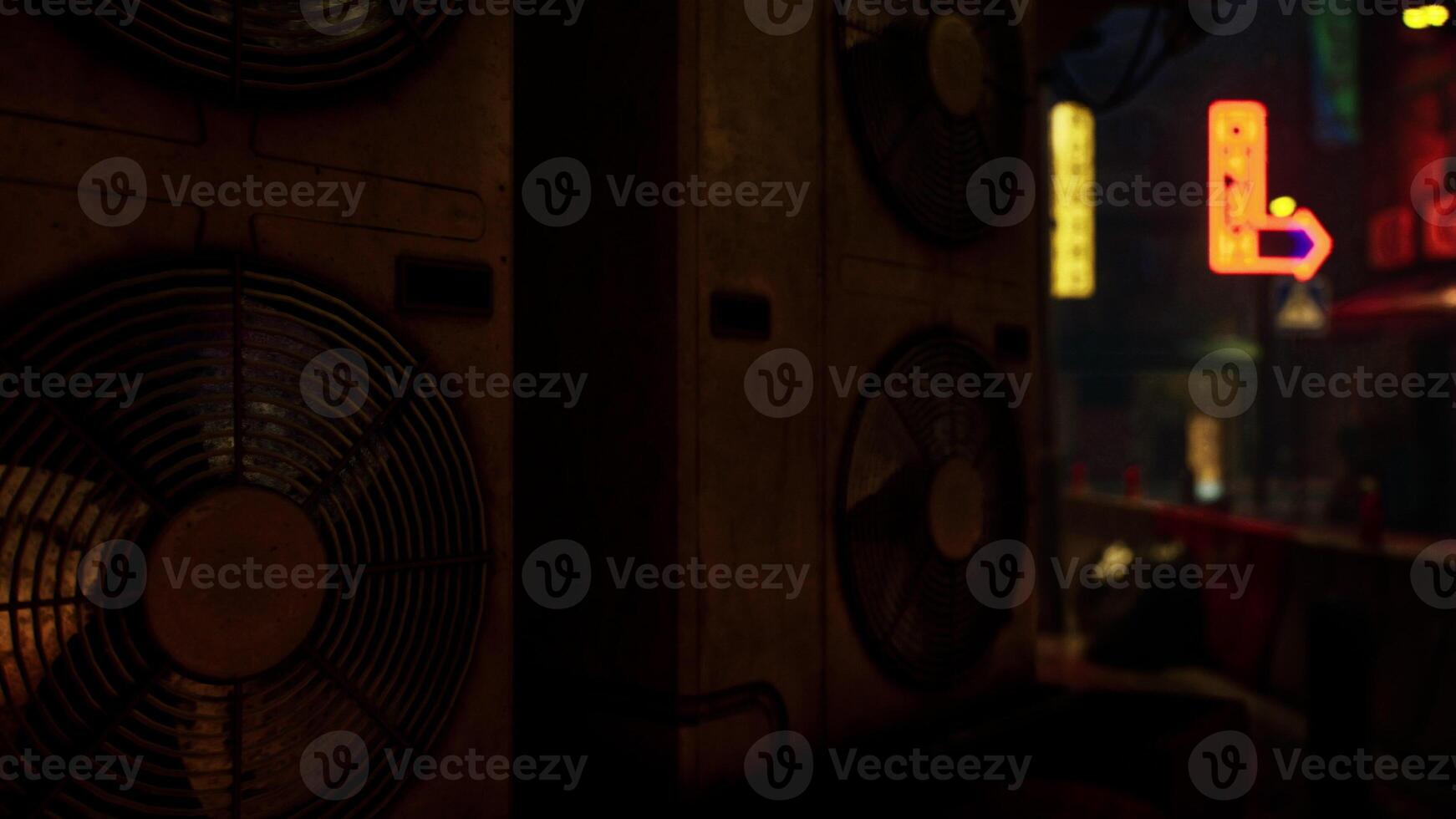 Dark Room With Neon Signs and Fan in Rainy Asian City photo