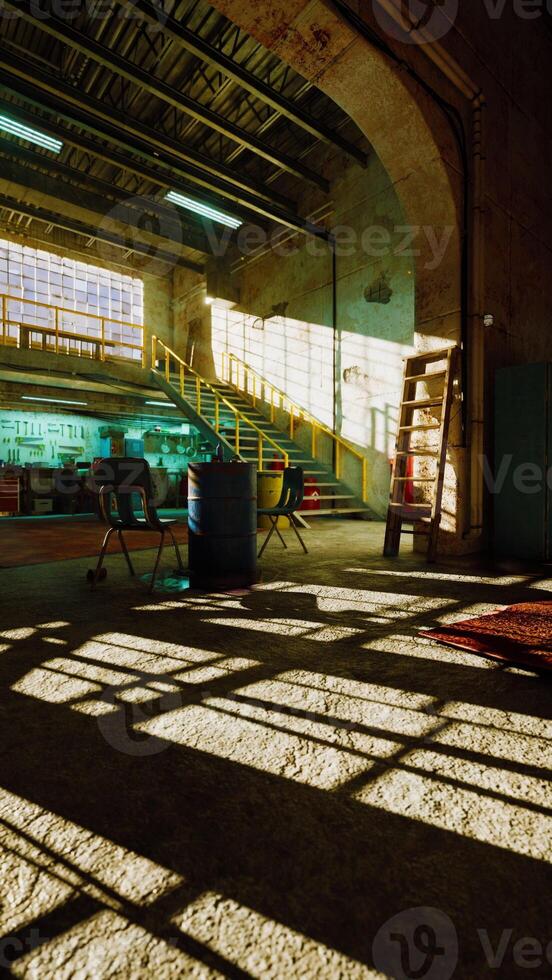 Sunlight Streaming Through Windows of Old Auto Repair Shop photo