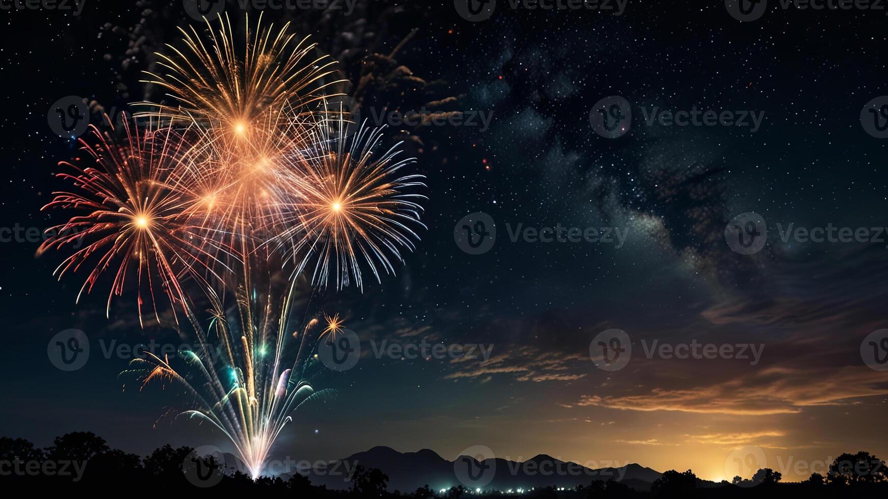 Colored fireworks light up against the background of the night starry sky with Milky Way. Banner with copy space. Concept of celebration, holiday photo