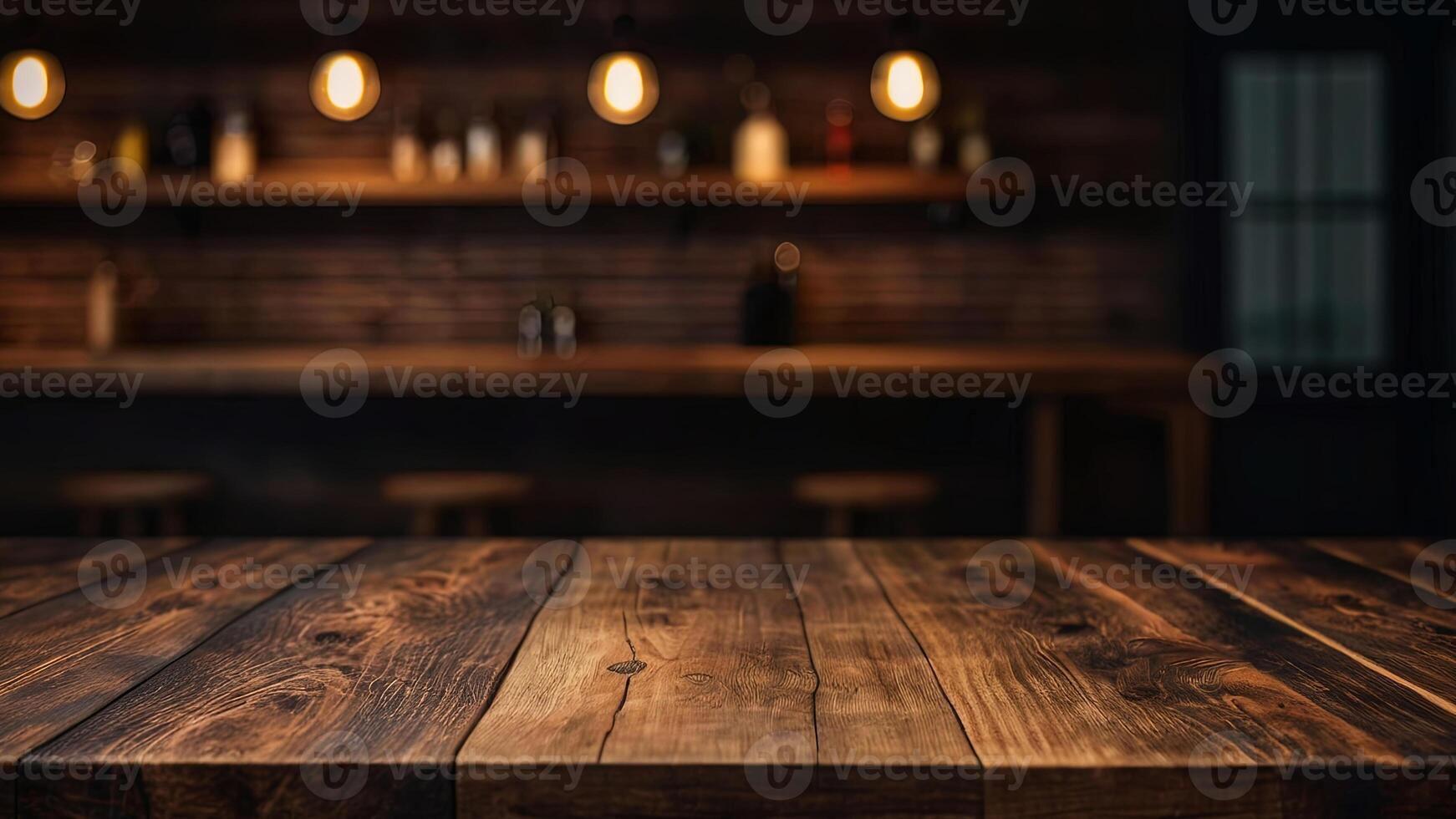 Empty dark wooden table top on blurred bar or restaurant background with warm lighting. Banner with copy space. Template showcase scene for display, montage, advertising product. photo