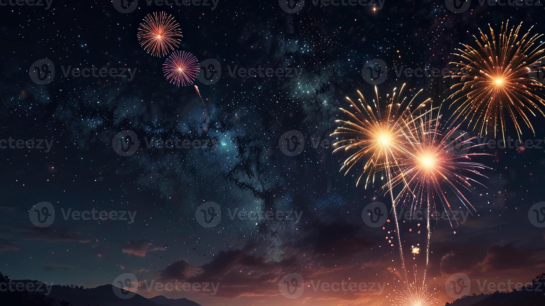 Colored fireworks light up against the background of the night starry sky with Milky Way. Banner with copy space. Concept of celebration, holiday photo