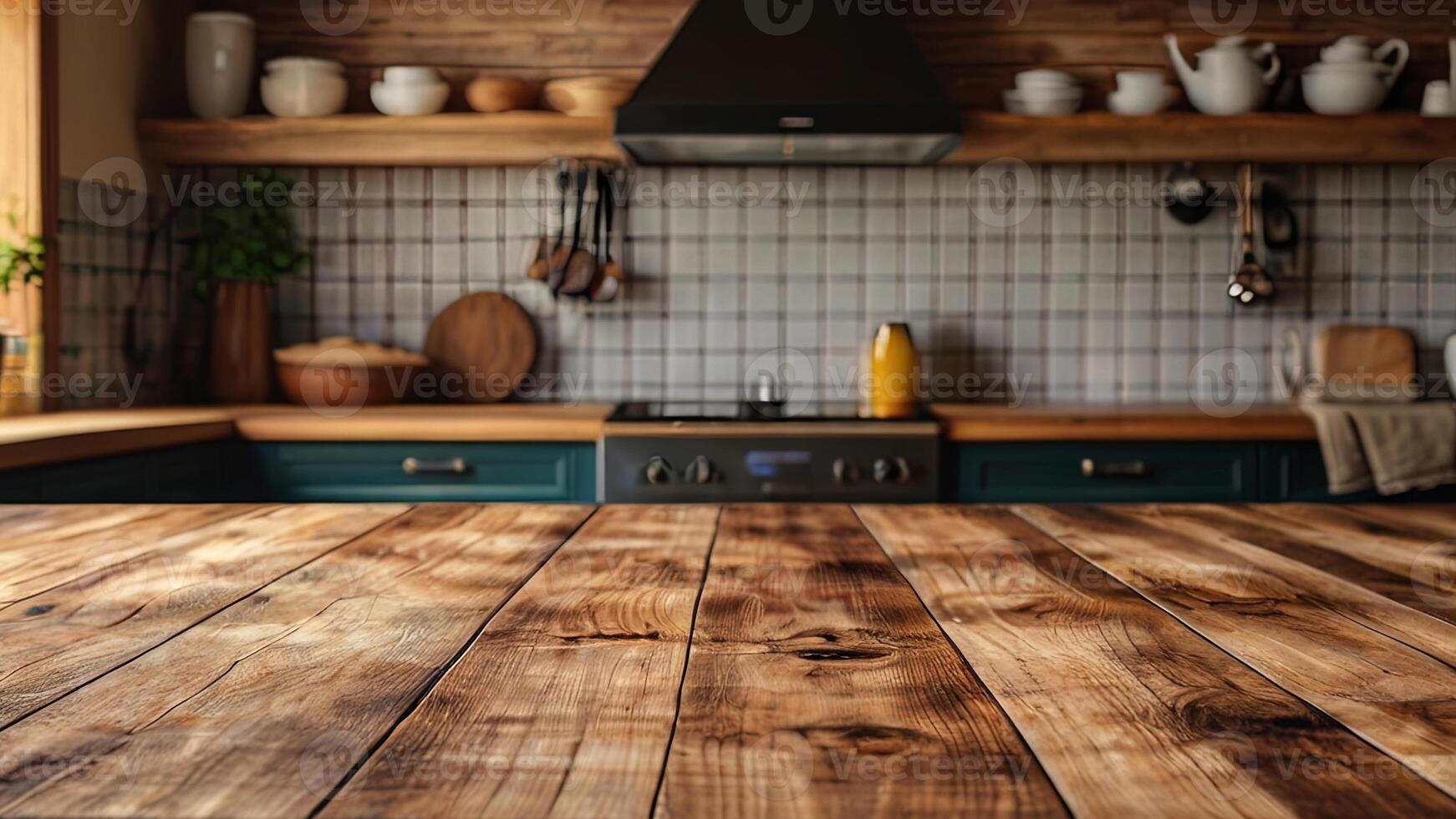 Empty textured wooden table top on blurred rustic kitchen interior background. Mock up with copy space. Template showcase scene for display, montage, advertising product photo