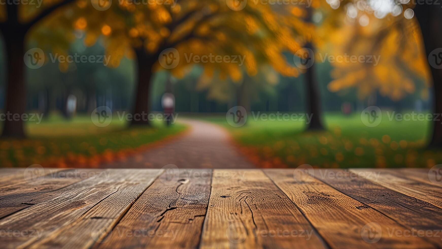 Empty wooden surface on blurred seasonal autumn background. Nature with view to park trees. Banner with copy space. Template showcase scene for display, montage, advertising product. photo