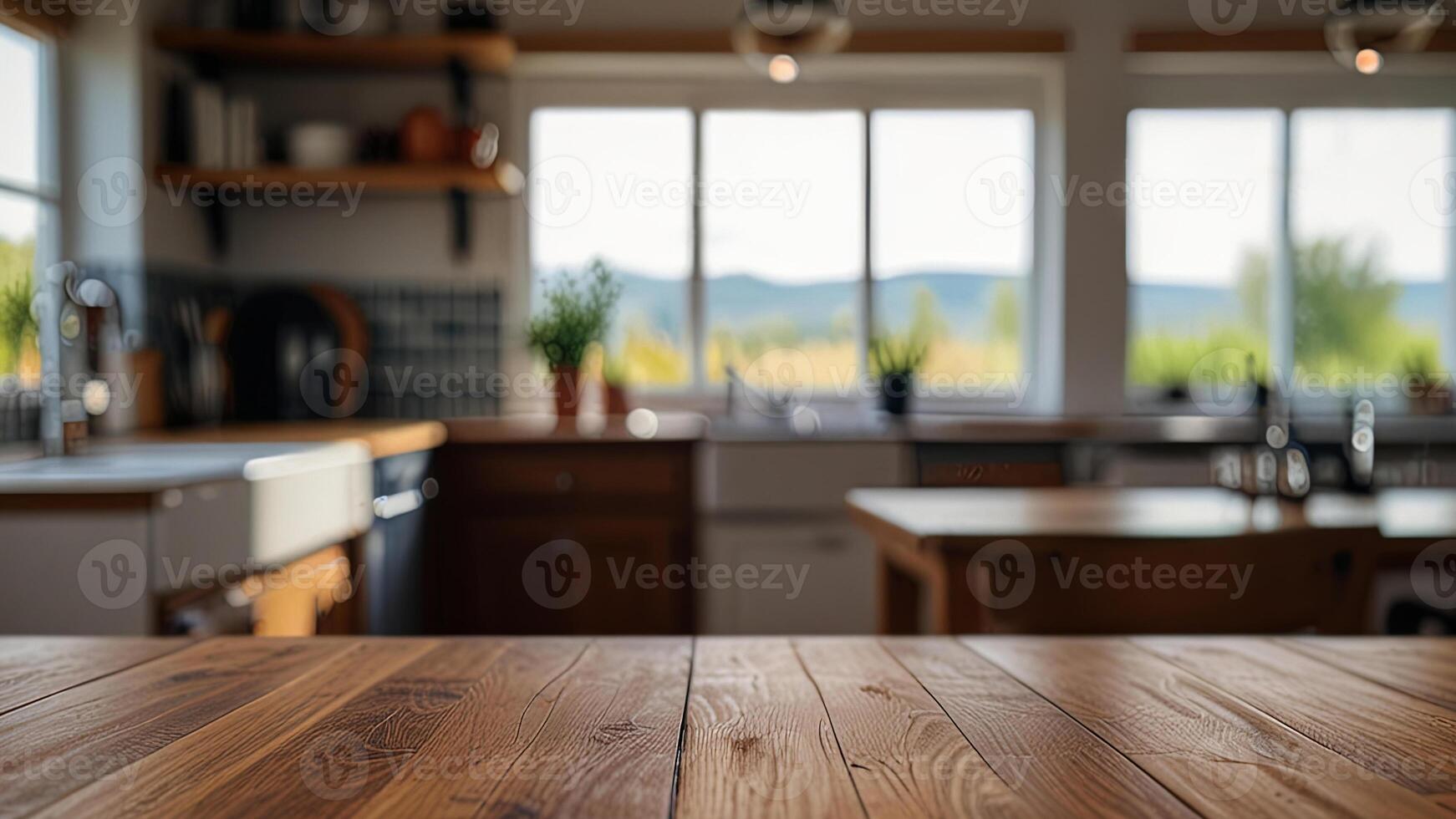 Empty wooden countertop on blurred modern kitchen interior background. Mock up with copy space. Template showcase scene for display, montage, advertising product photo