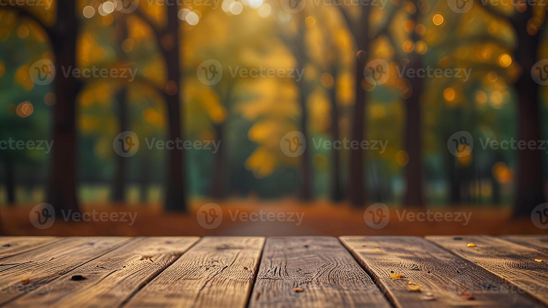 Empty wooden surface on blurred seasonal autumn background. Nature with view to park trees. Mock up with copy space. Template showcase scene for display, montage, advertising product. photo