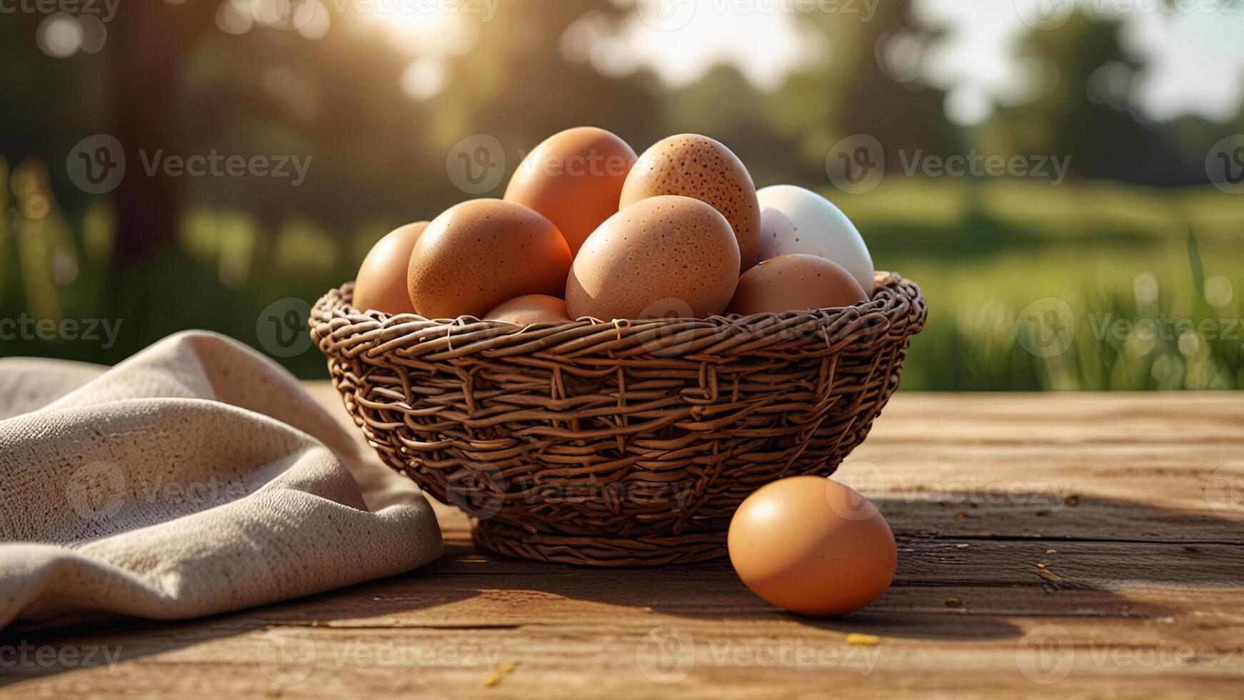 Rustic chicken eggs in a wicker bowl on tablecloth on a wooden surface on rustic countryside blurred background. Banner with copy space. Farm natural products concept. Nature landscape photo