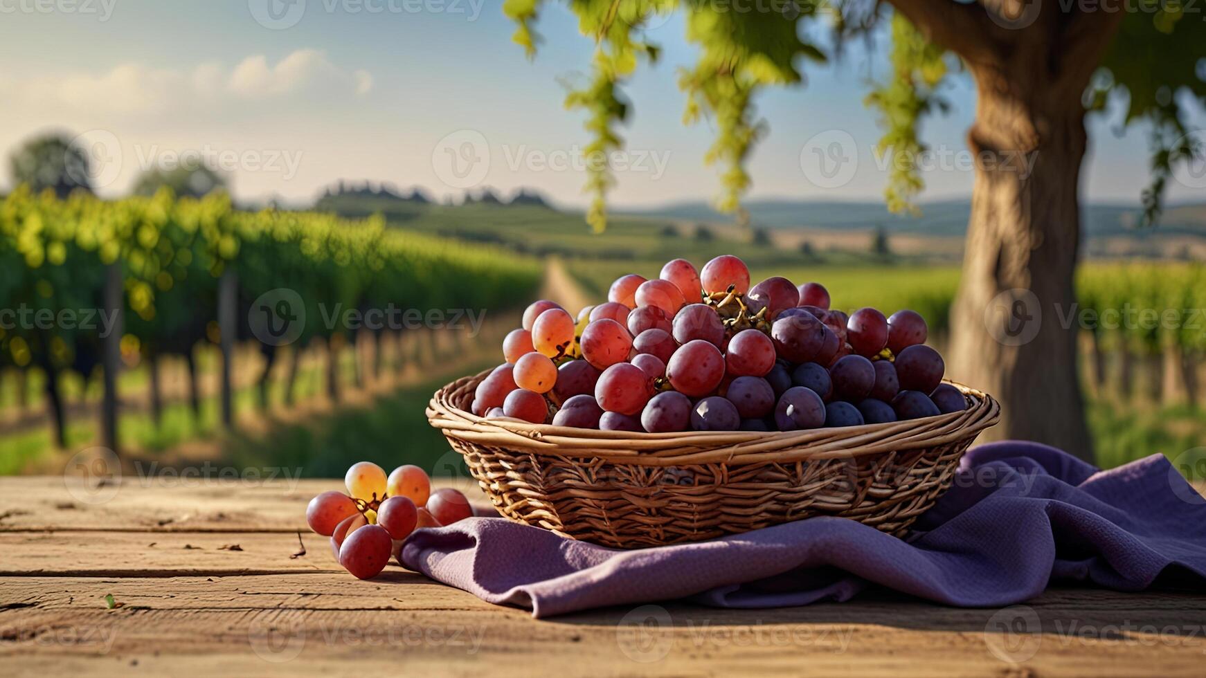 Ripe fragrant red grape in a wicker bowl on a wooden surface on rural countryside blurred background. Banner with copy space. Farm natural products, winemaking concept. Landscape with a vineyard photo