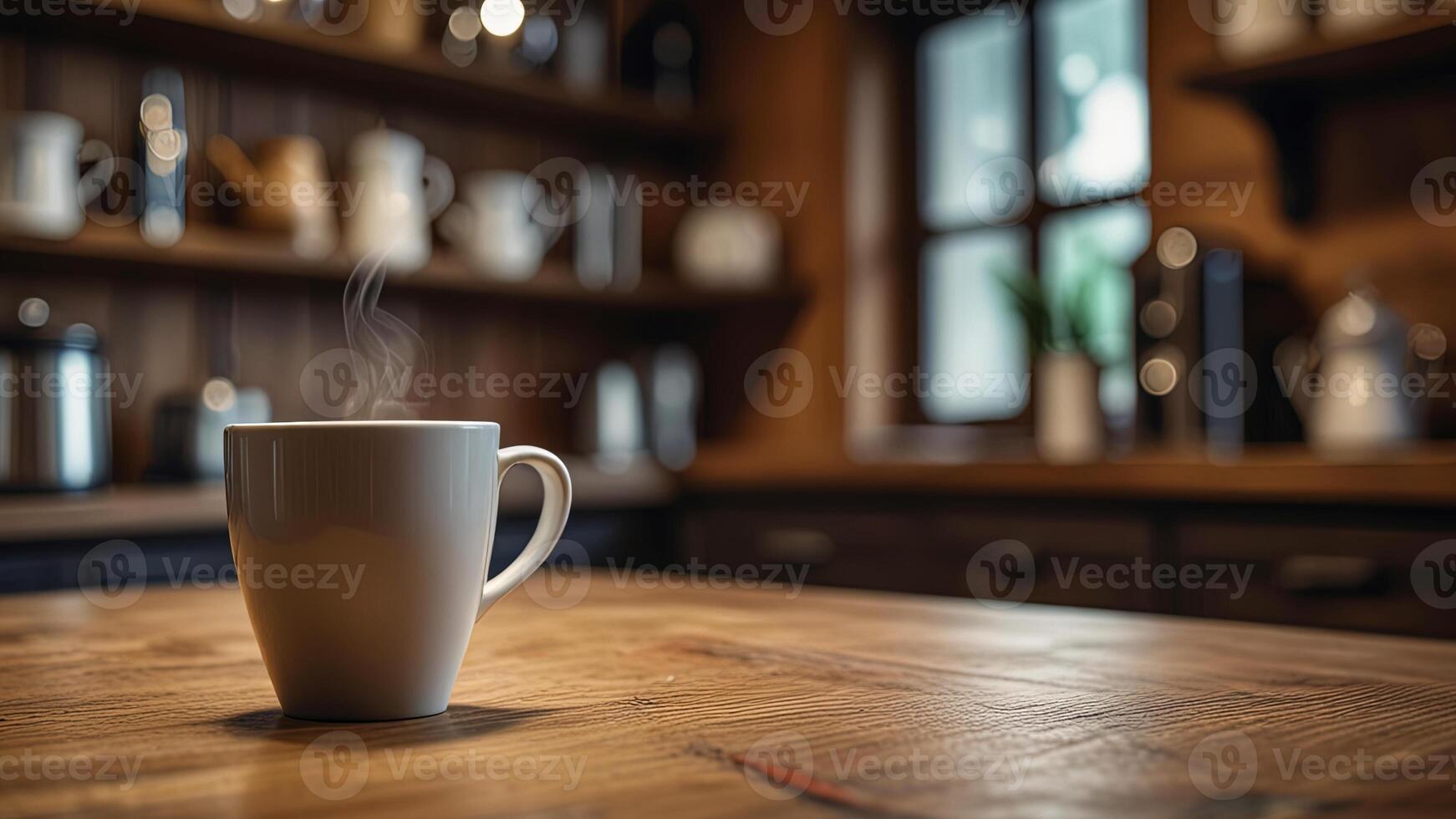 Wooden table top with hot cup of coffee or tea on blurred kitchen, restaurant or bar interior background with copy space. photo