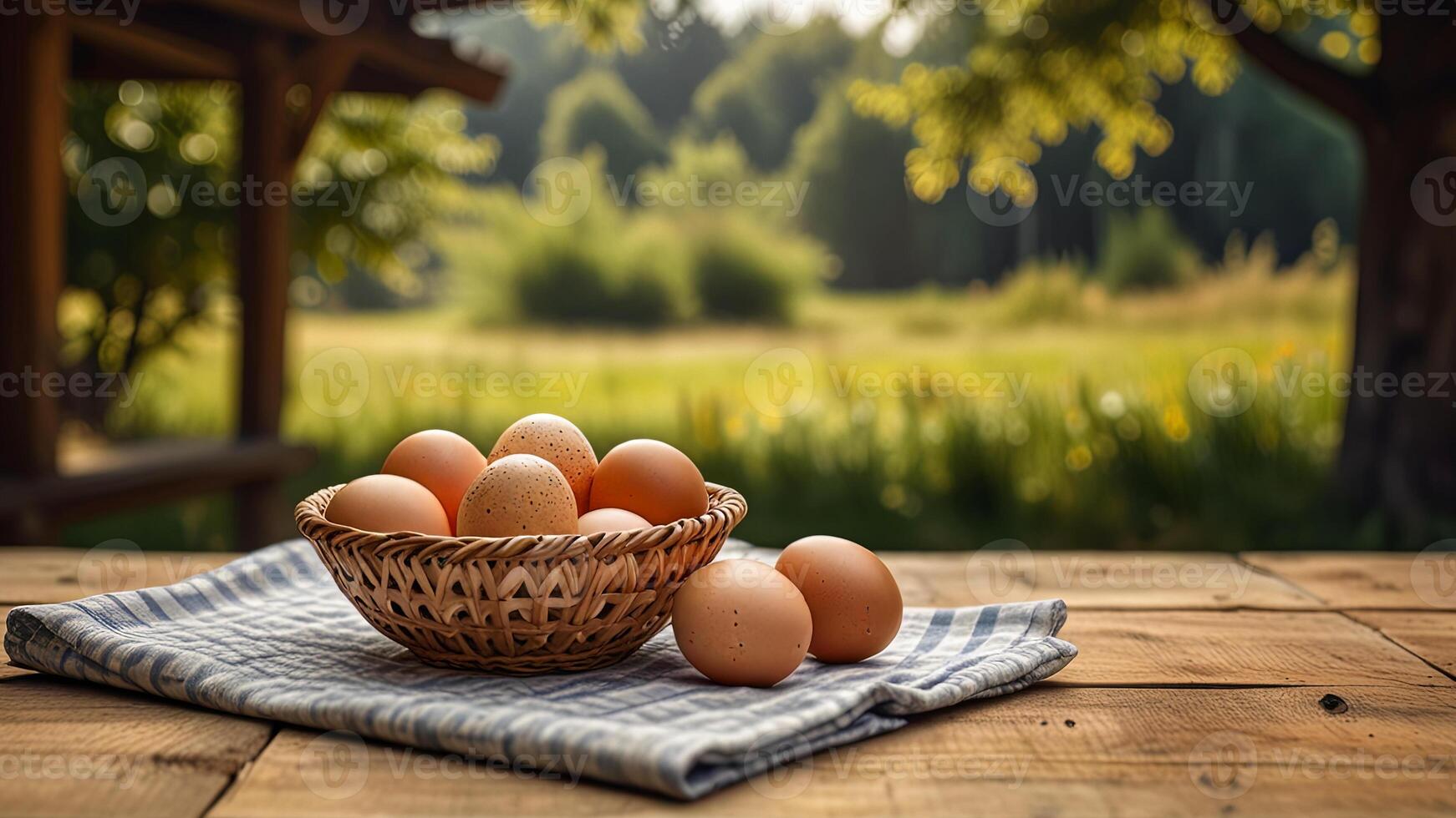 Rustic chicken eggs in a wicker bowl on tablecloth on a wooden surface on rustic countryside blurred background. Banner with copy space. Farm natural products concept. Nature landscape photo