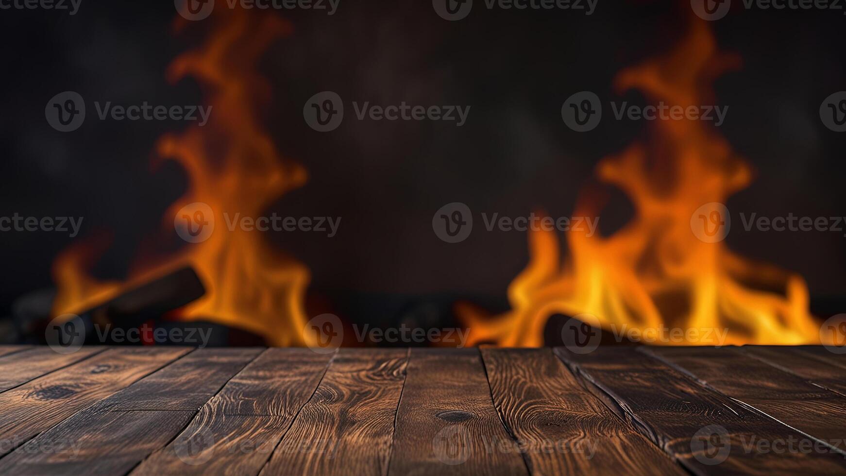 Empty dark wooden surface on blurred background with burning fireplace and smoke. Mock up with copy space. Template showcase scene for display, montage, advertising product. photo