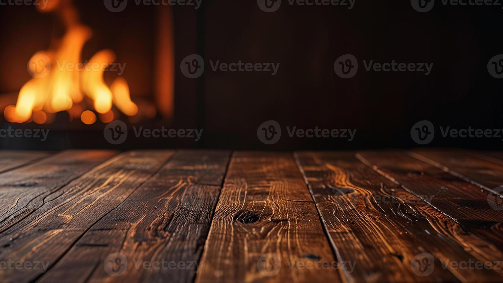 Empty dark wooden surface on blurred background with burning fireplace. Mock up with copy space. Template showcase scene for display, montage, advertising product. photo