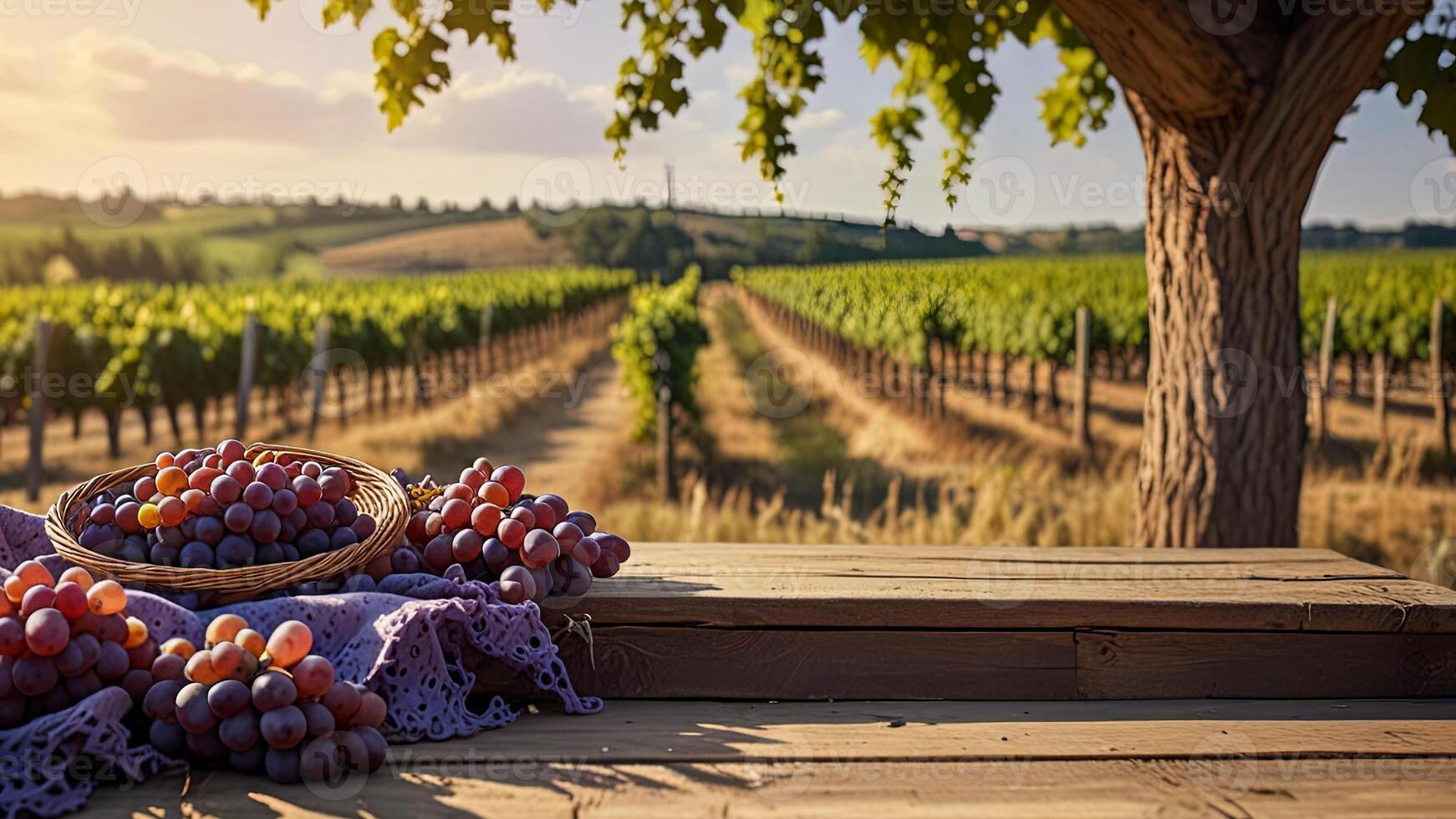 Ripe red grape in a wicker bowl on a wooden surface on rural countryside blurred background. Banner with copy space. Farm natural products, winemaking concept. Landscape with a vineyard photo