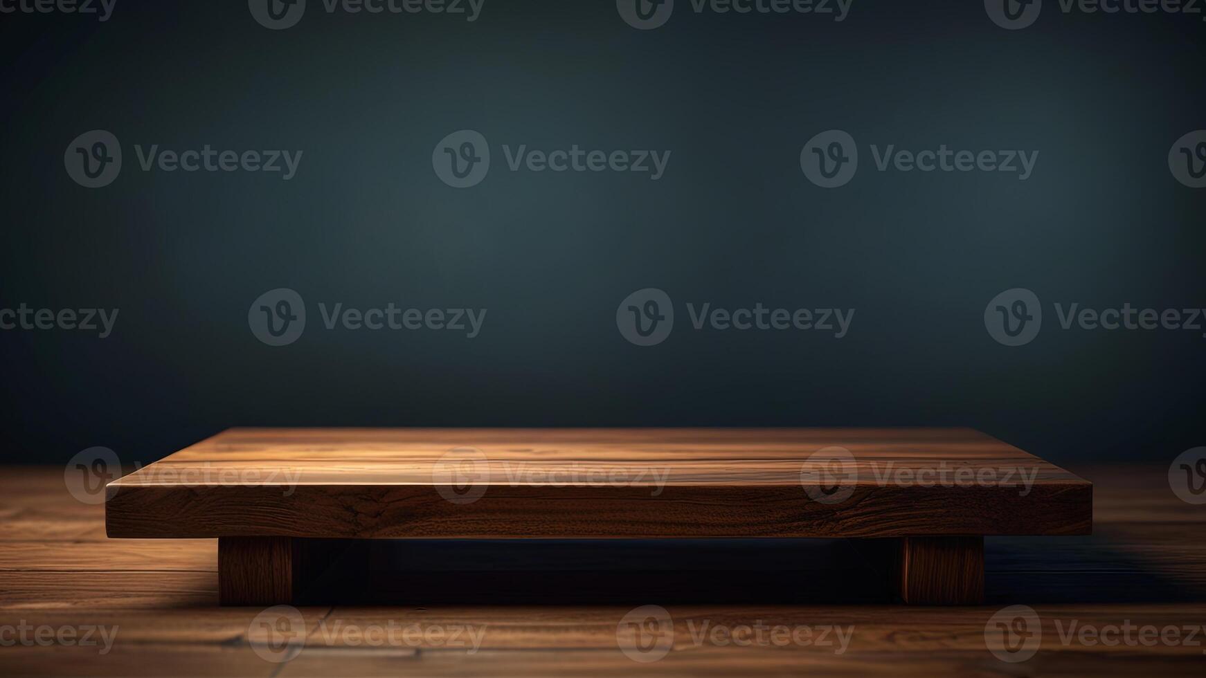 Empty dark wooden surface on dark blurred background. Mock up with copy space. Template showcase scene for display, montage, advertising product. photo
