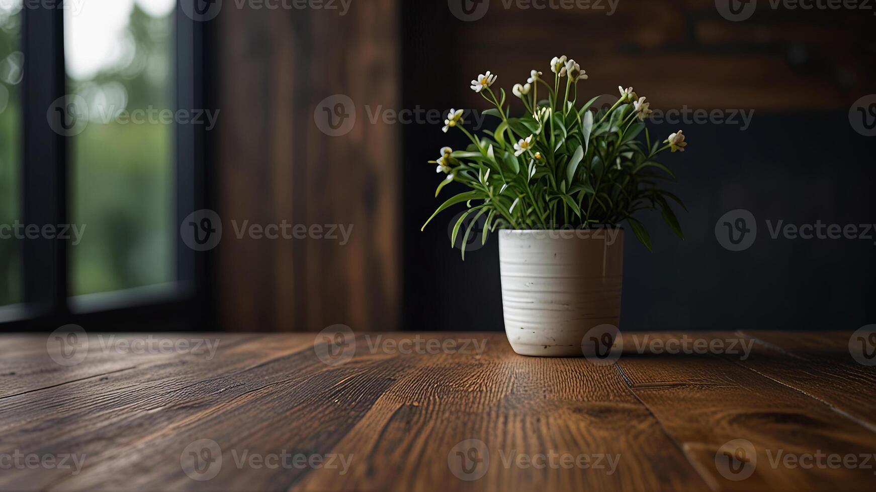 Dark wooden table top on blurred background with window, house plant in pot. Banner with copy space. Template showcase scene for display, montage, advertising product. photo