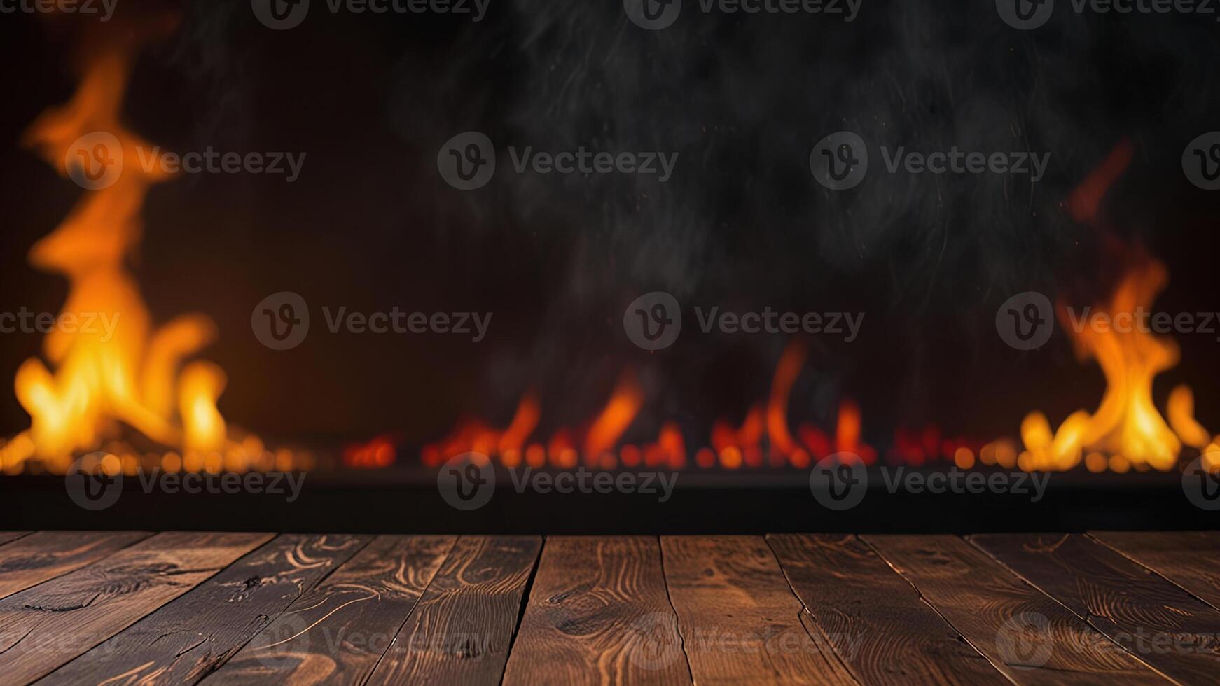 Empty dark wooden surface on blurred background with burning fireplace, smoke. Mock up with copy space. Template showcase scene for display, montage, advertising product. photo