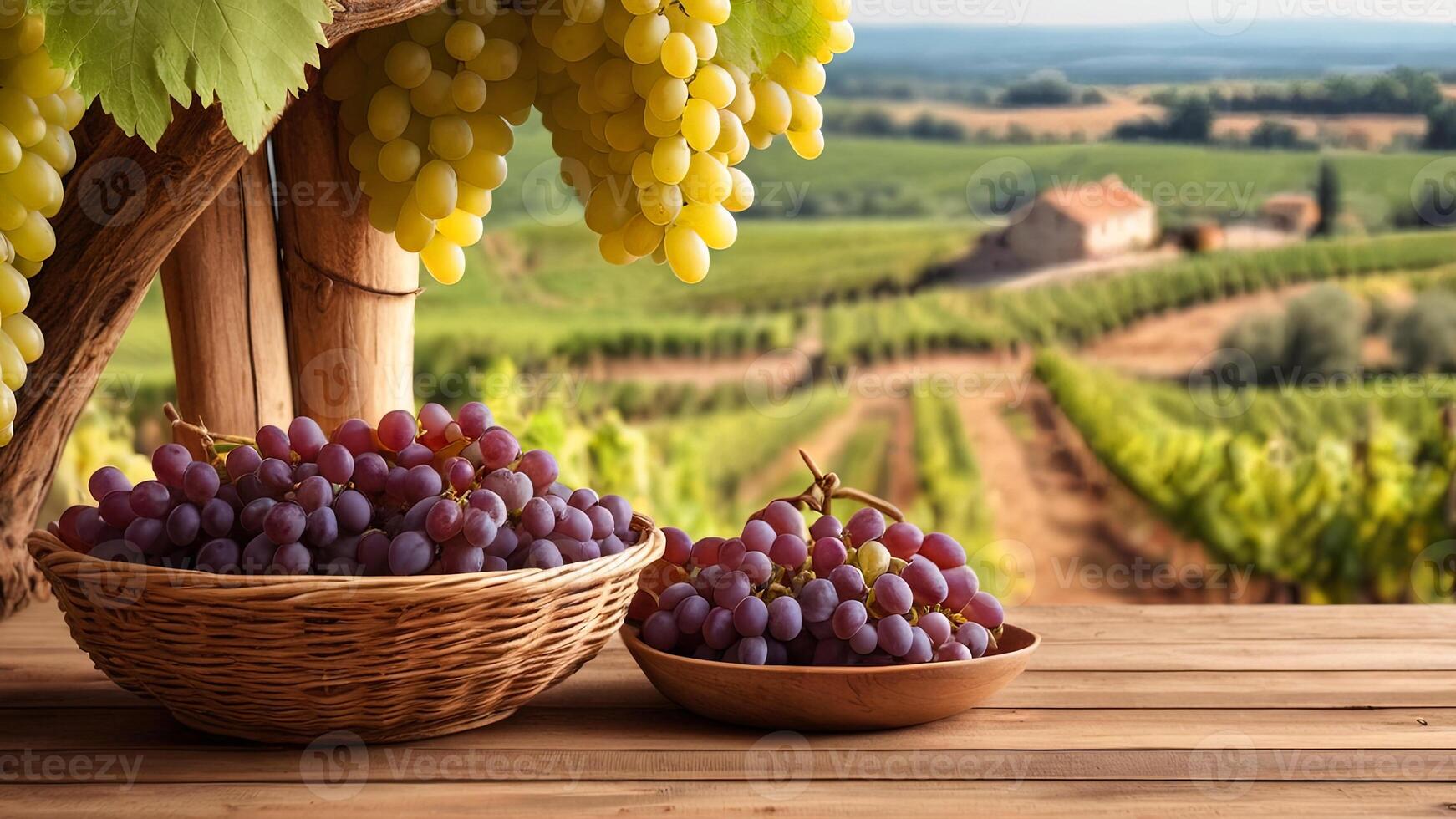 Ripe red and white grape in a wicker bowl on a wooden surface. Rural countryside blurred background. Banner with copy space. Farm natural products, winemaking concept. Landscape with a vineyard photo