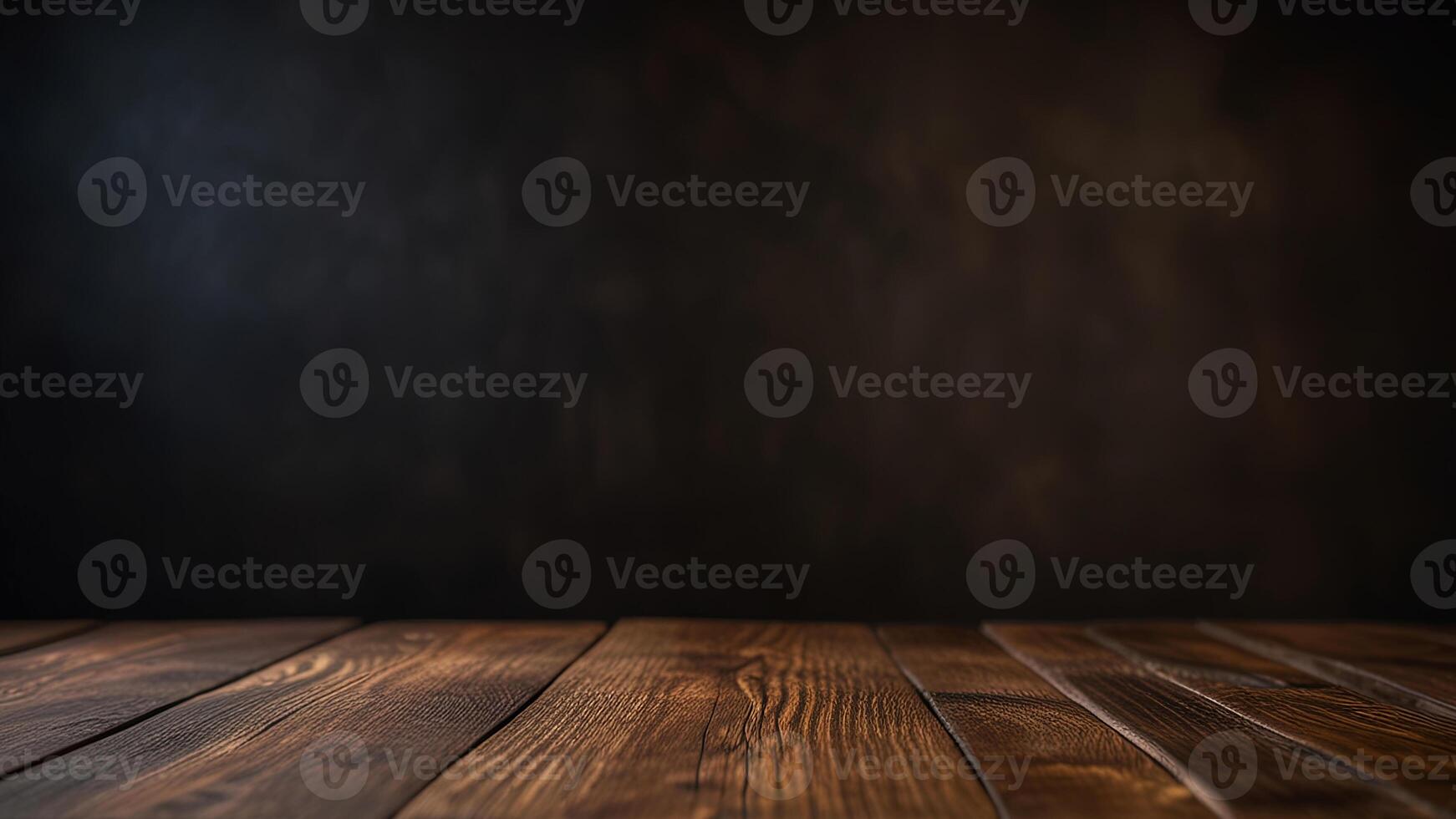 Empty dark wooden table top on blurred background. Banner with copy space. Template showcase scene for display, montage, advertising product. photo