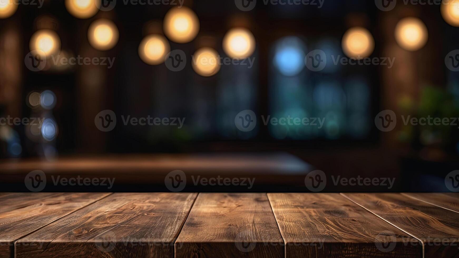 Empty dark wooden table top on blurred bar or restaurant background with bokeh. Banner with copy space. Template showcase scene for display, montage, advertising product. photo