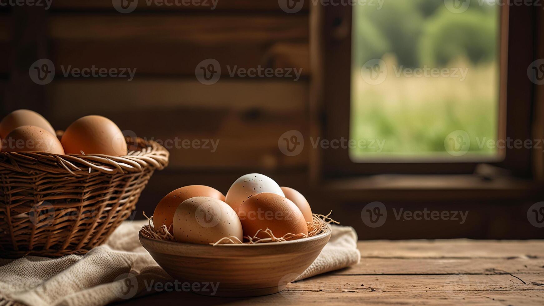 Rustic chicken eggs in a wicker and ceramic bowl on a wooden surface on rustic blurred background. Banner with copy space. Farm natural products concept. Conveying a farmhouse vibe. photo