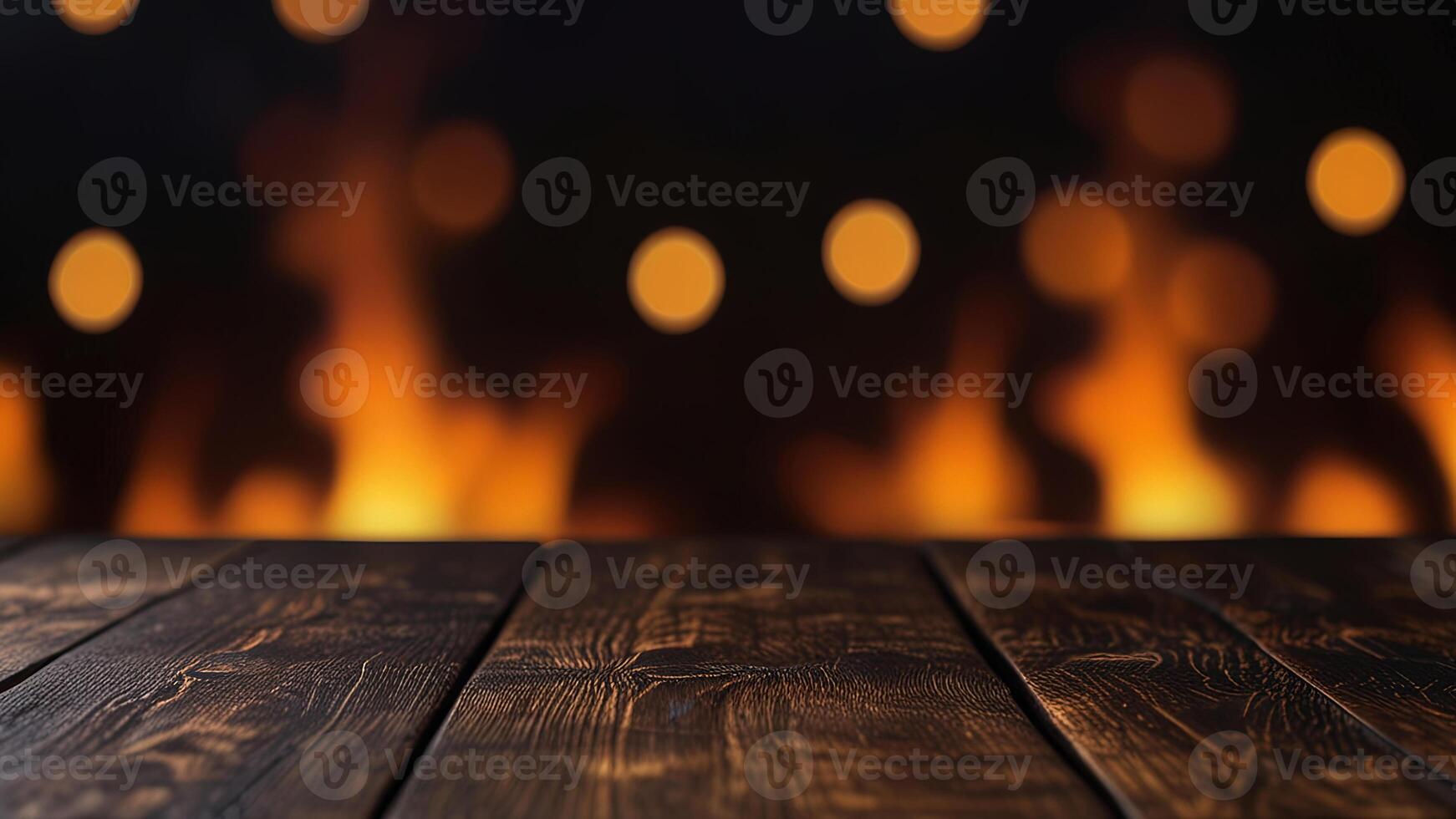 Empty dark wooden surface on blurred fire burning background with bokeh. Mock up with copy space. Template showcase scene for display, montage, advertising product. photo
