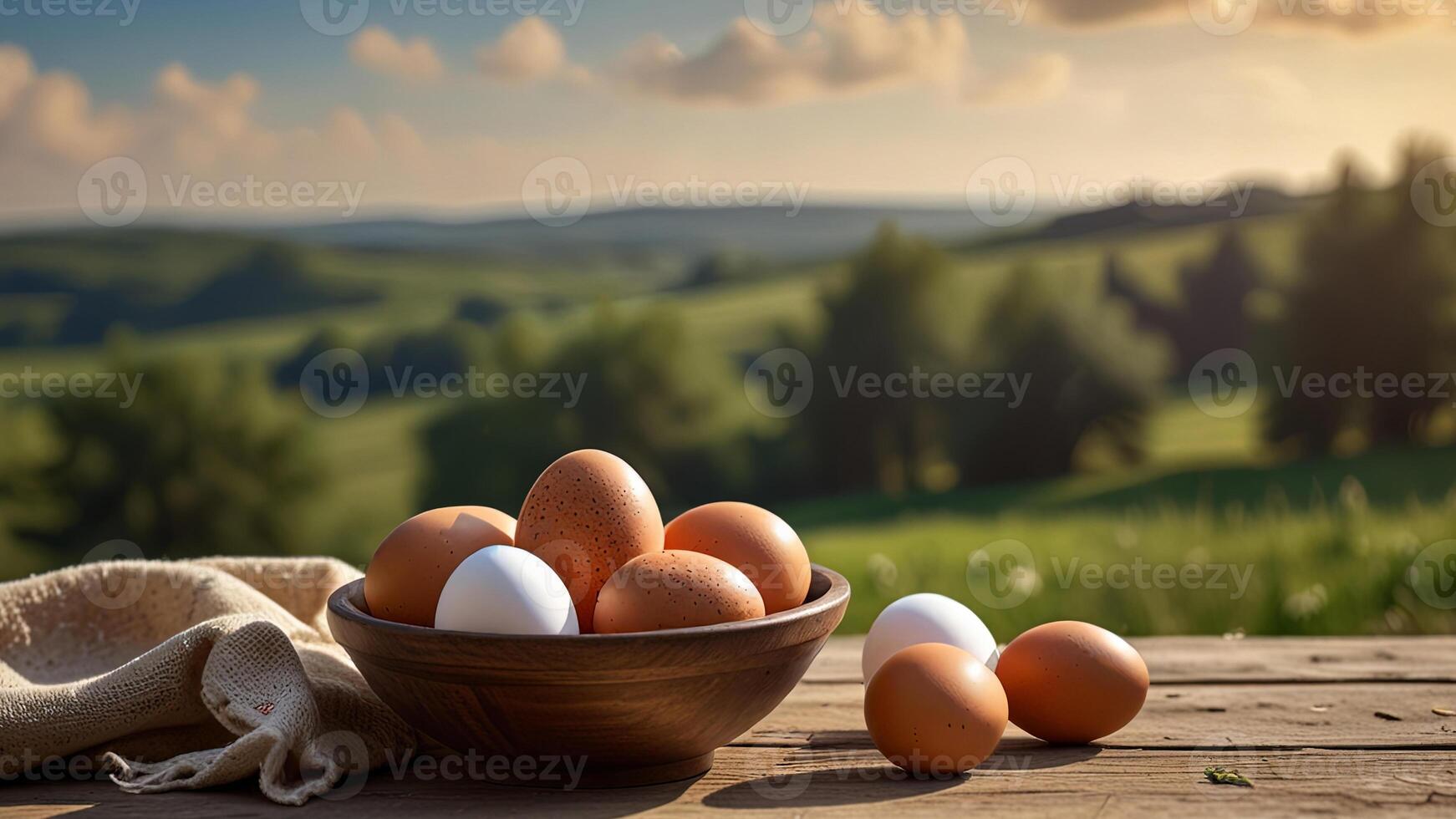 Rustic chicken eggs in a ceramic bowl on a wooden surface on rustic countryside blurred background. Banner with copy space. Farm natural products concept. Nature landscape photo