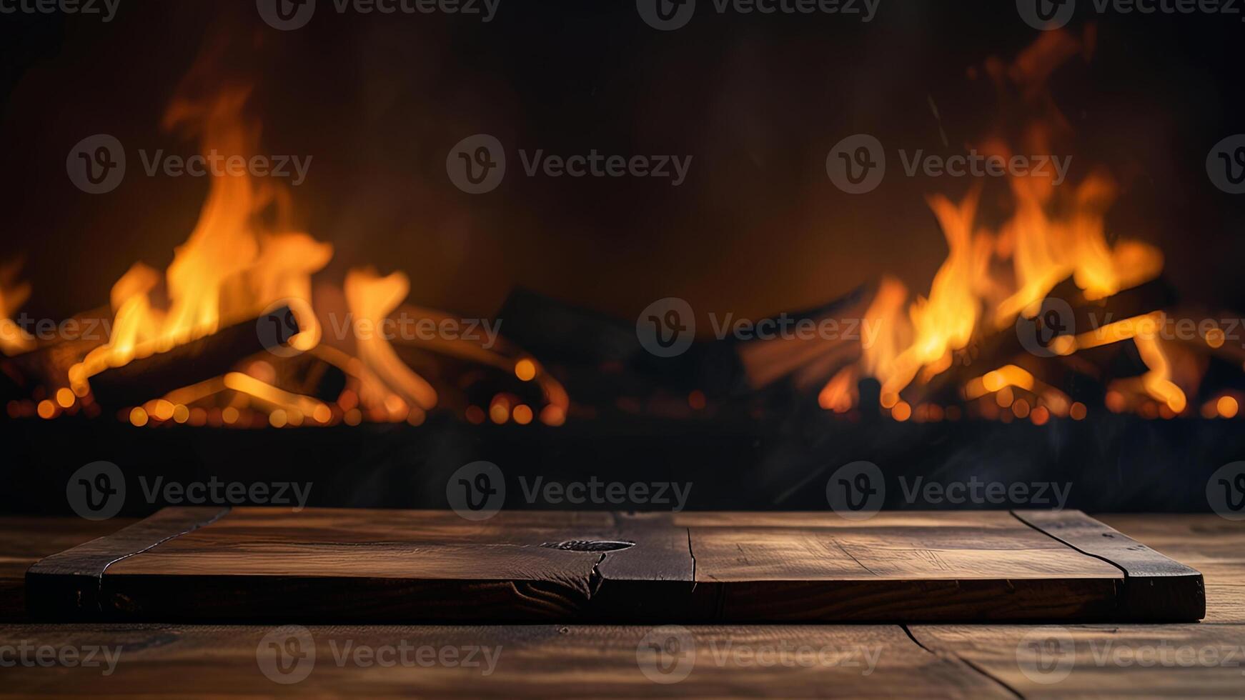 Empty dark wooden surface on blurred fireplace background. Mock up with copy space. Template showcase scene for display, montage, advertising product. photo