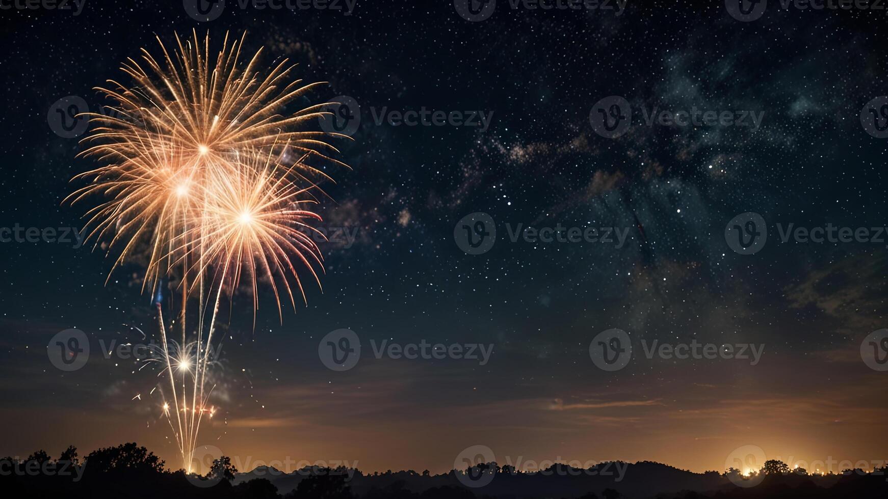 Colored fireworks light up against the background of the night starry sky with Milky Way. Banner with copy space. Concept of celebration, holiday photo