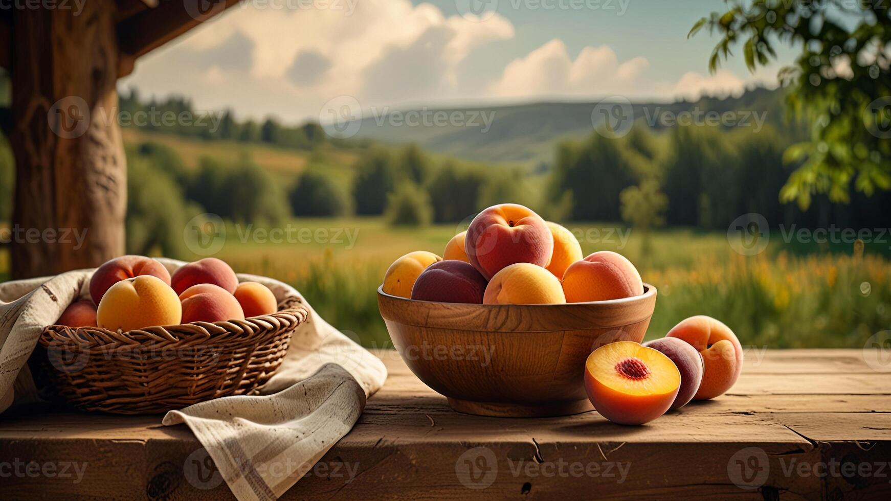 Ripe fragrant peaches in a wicker and ceramic bowl on a wooden surface on rustic countryside blurred background. Banner with copy space. Farm natural products concept. Nature landscape photo