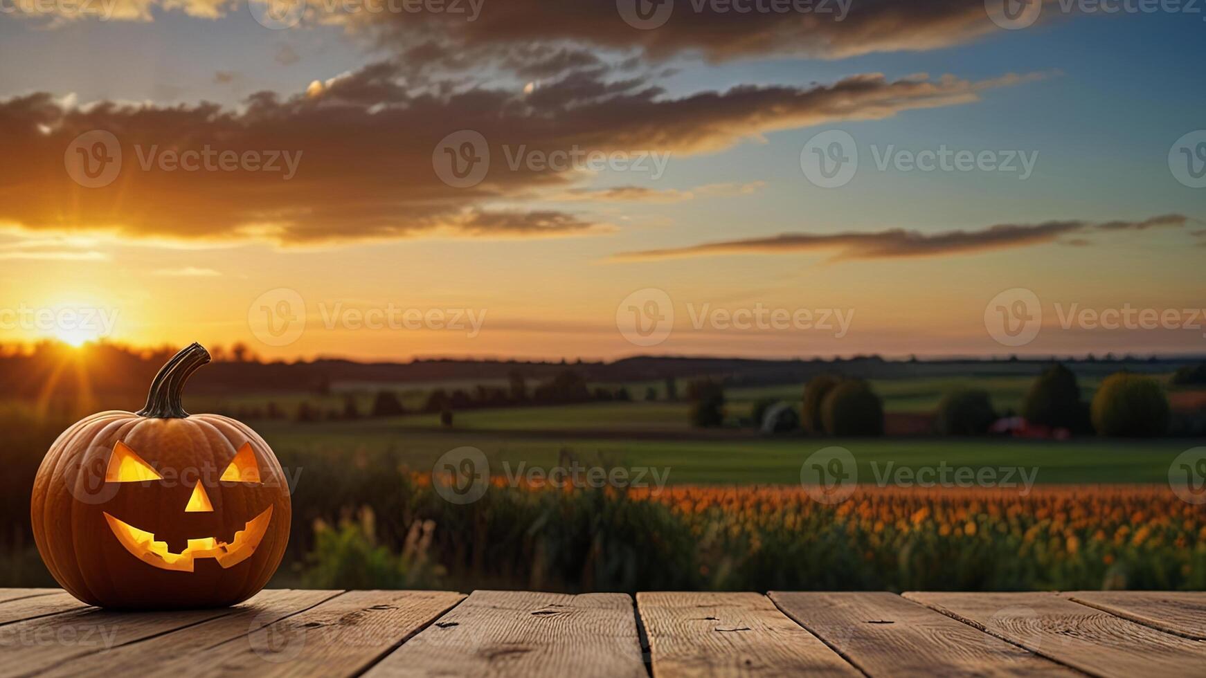 Wooden surface with Halloween pumpkin on blurred rustic countryside seasonal autumn background at sunset. Mock up with copy space. Template showcase scene for display, montage, advertising product. photo