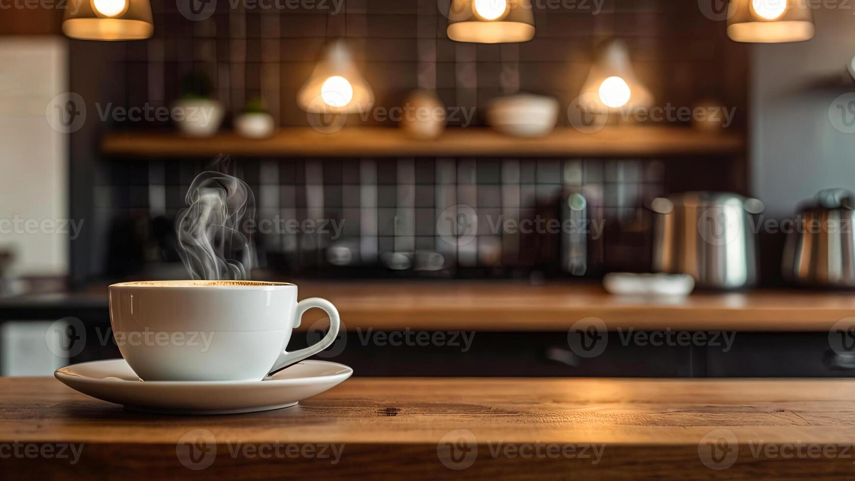 Wooden table top with hot cup of coffee on blurred kitchen, restaurant or bar interior background with copy space. photo