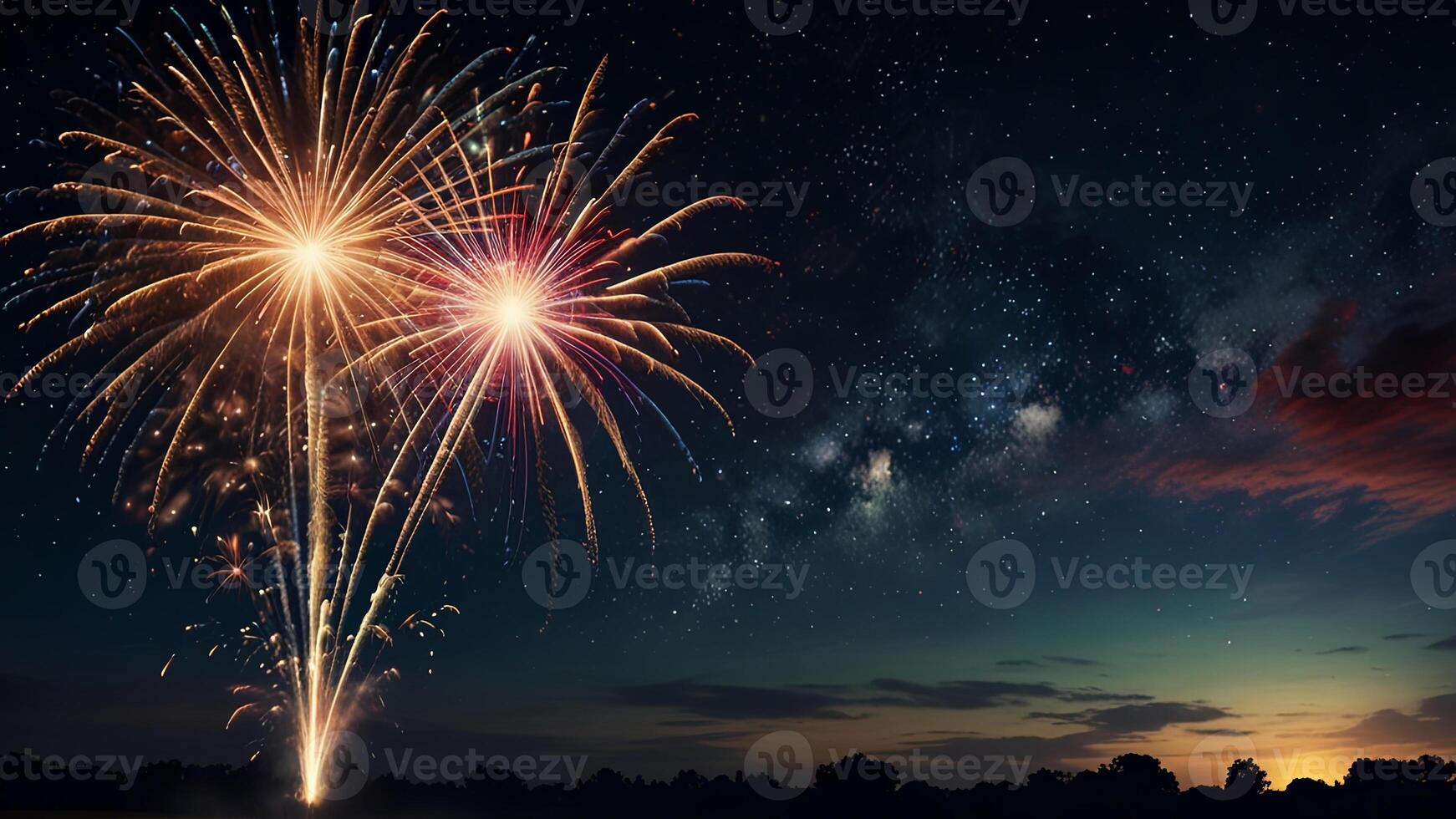 Colored fireworks light up against the background of the night starry sky with Milky Way. Banner with copy space. Concept of celebration, holiday photo