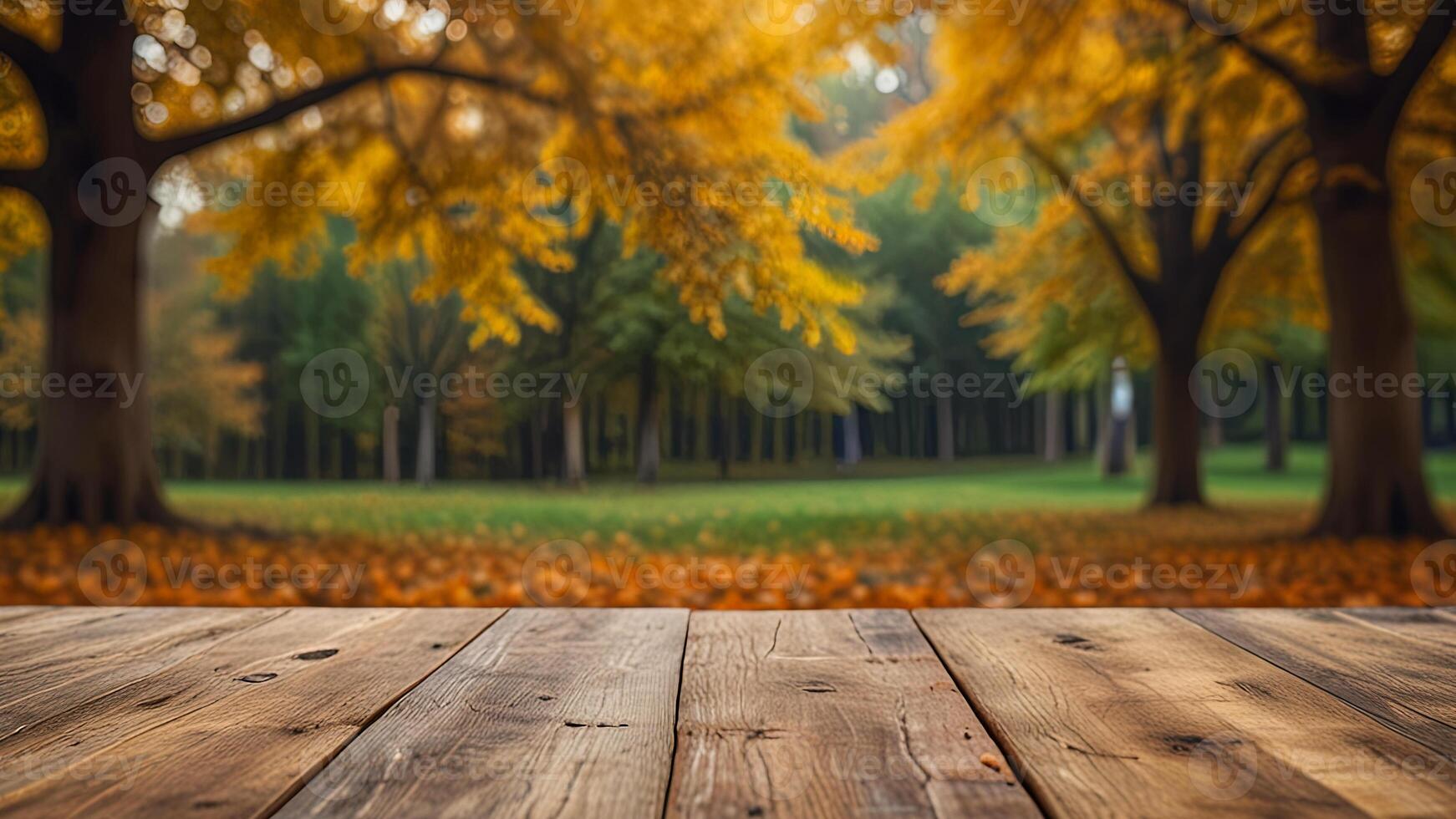 Empty wooden surface on blurred seasonal autumn background. Nature with view to park trees. Mock up with copy space. Template showcase scene for display, montage, advertising product. photo