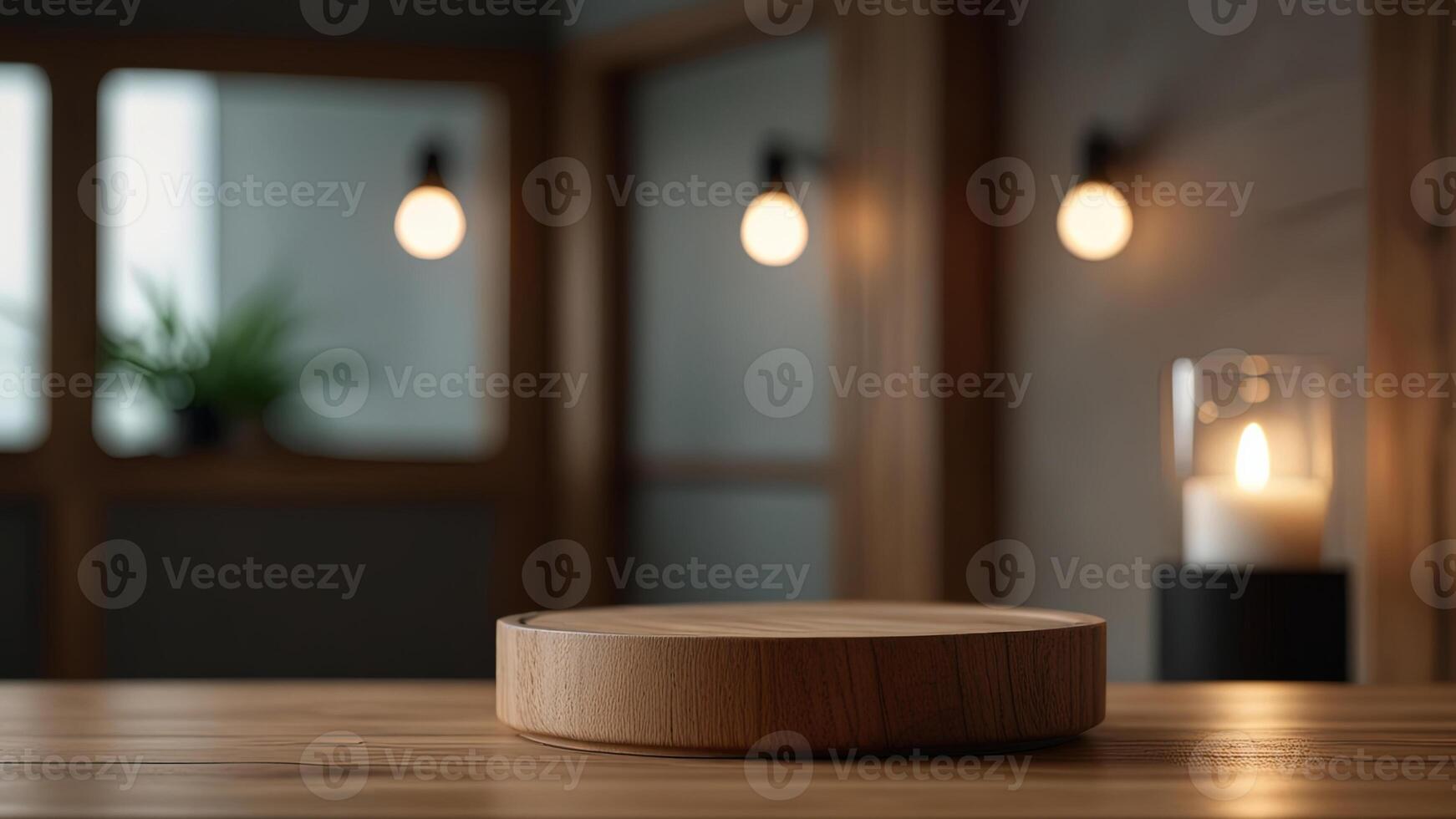 Light wooden empty round podium on a countertop on a blurred background of the modern bathroom or living room with house plants. Scene stage showcase for beauty and spa products photo