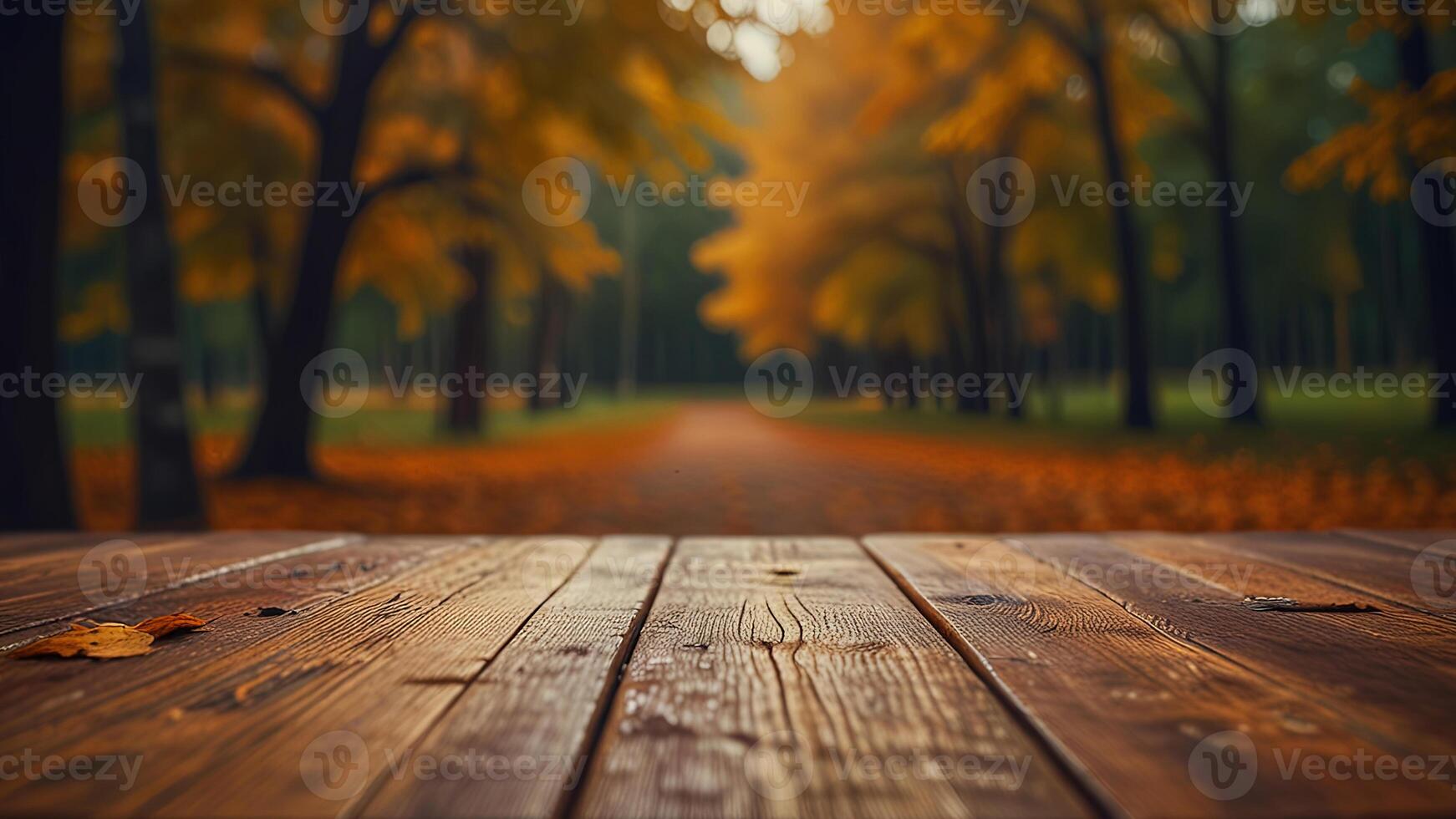 Empty wooden surface on blurred seasonal autumn background. Nature with view to park trees. Mock up with copy space. Template showcase scene for display, montage, advertising product. photo